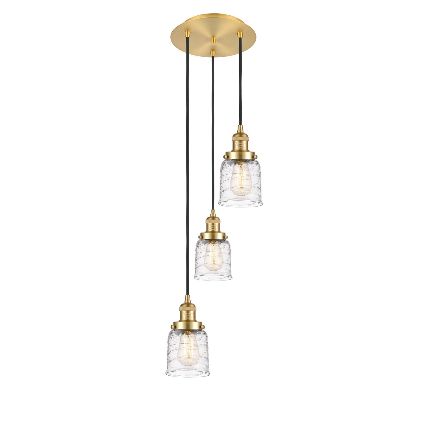 Innovations Bell 12in 3-Light Multi Pendant | Traditional Art Deco Satin Gold Steel and Clear Deco Swirl Glass | Kitchen Island & | Model 113F-3P-SG-G513