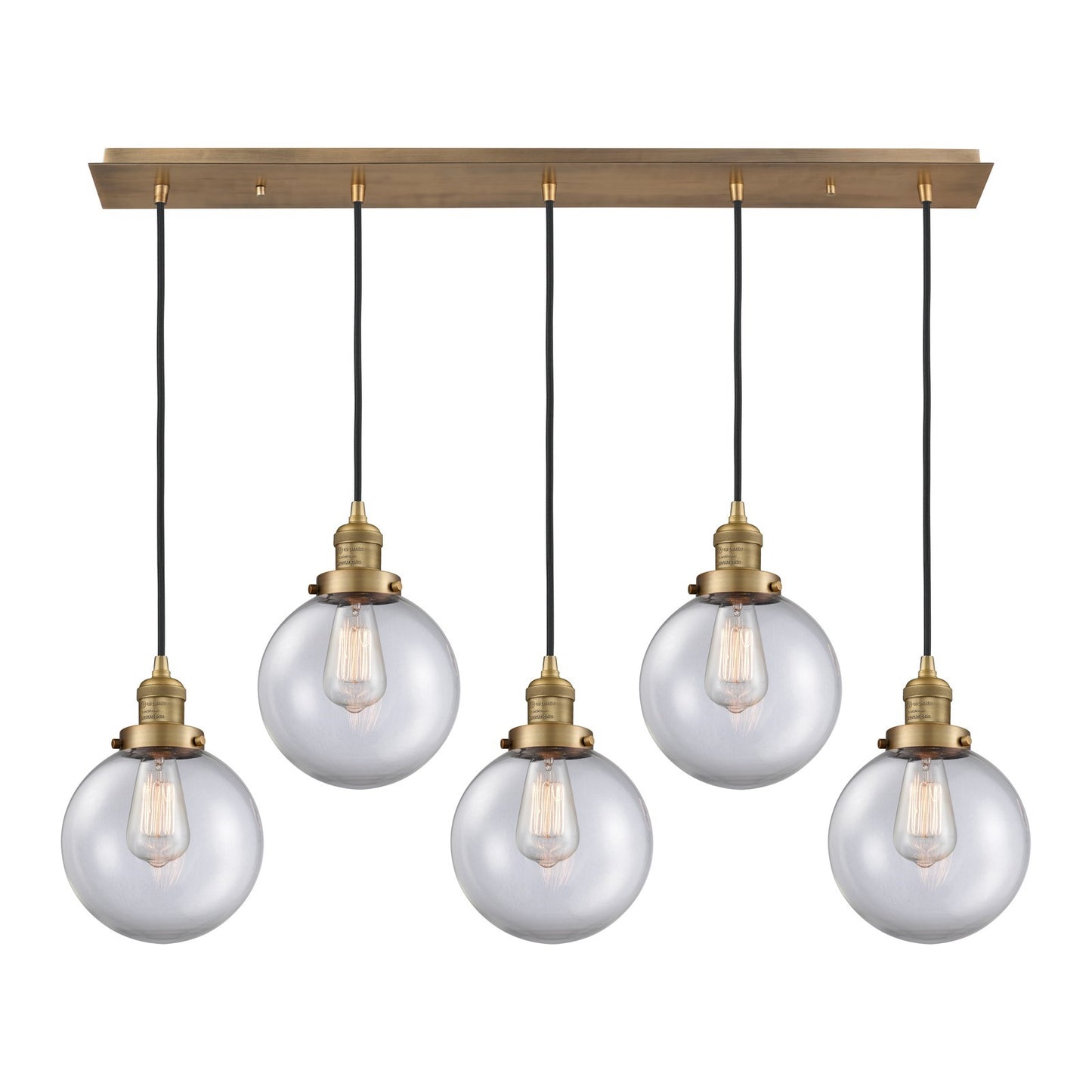 Innovations Beacon 40in 5-Light Linear Pendant | Art Deco Brushed Brass and Clear Glass | Kitchen Island & Dining Room | Model 125F-5P-BB-G202-8