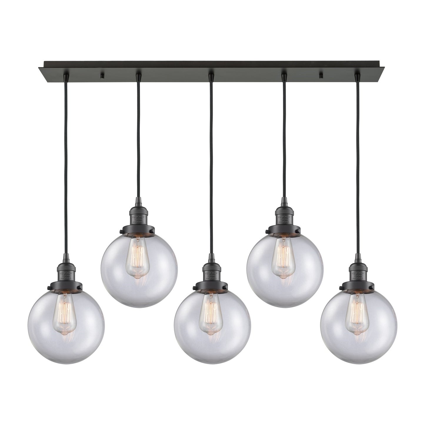 Innovations Beacon 40in 5-Light Linear Pendant | Art Deco Oil Rubbed Bronze Steel and Clear Glass | Kitchen Island & Dining Room | Model 125F-5P-OB-G202-8