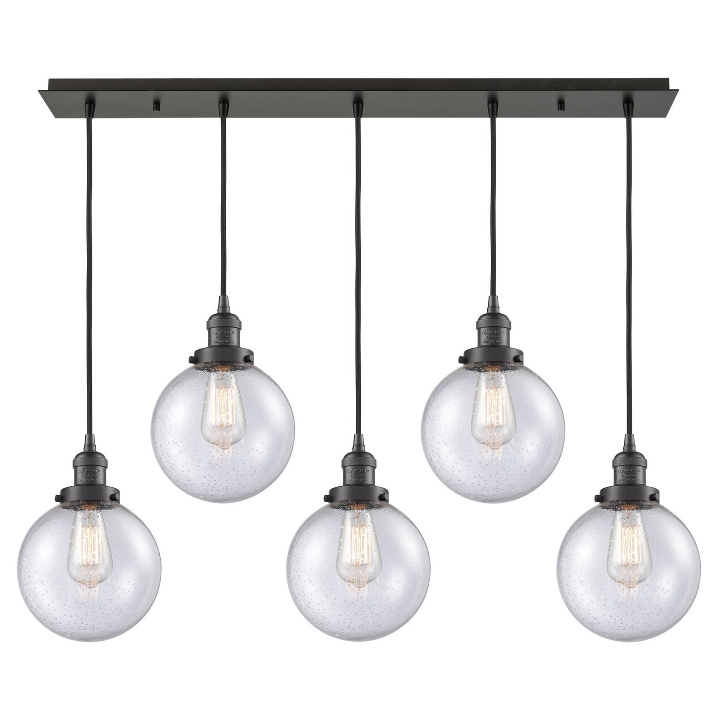 Innovations Beacon 40in 5-Light Linear Pendant | Art Deco Oil Rubbed Bronze Steel and Seedy Glass | Kitchen Island & Dining Room | Model 125F-5P-OB-G204-8
