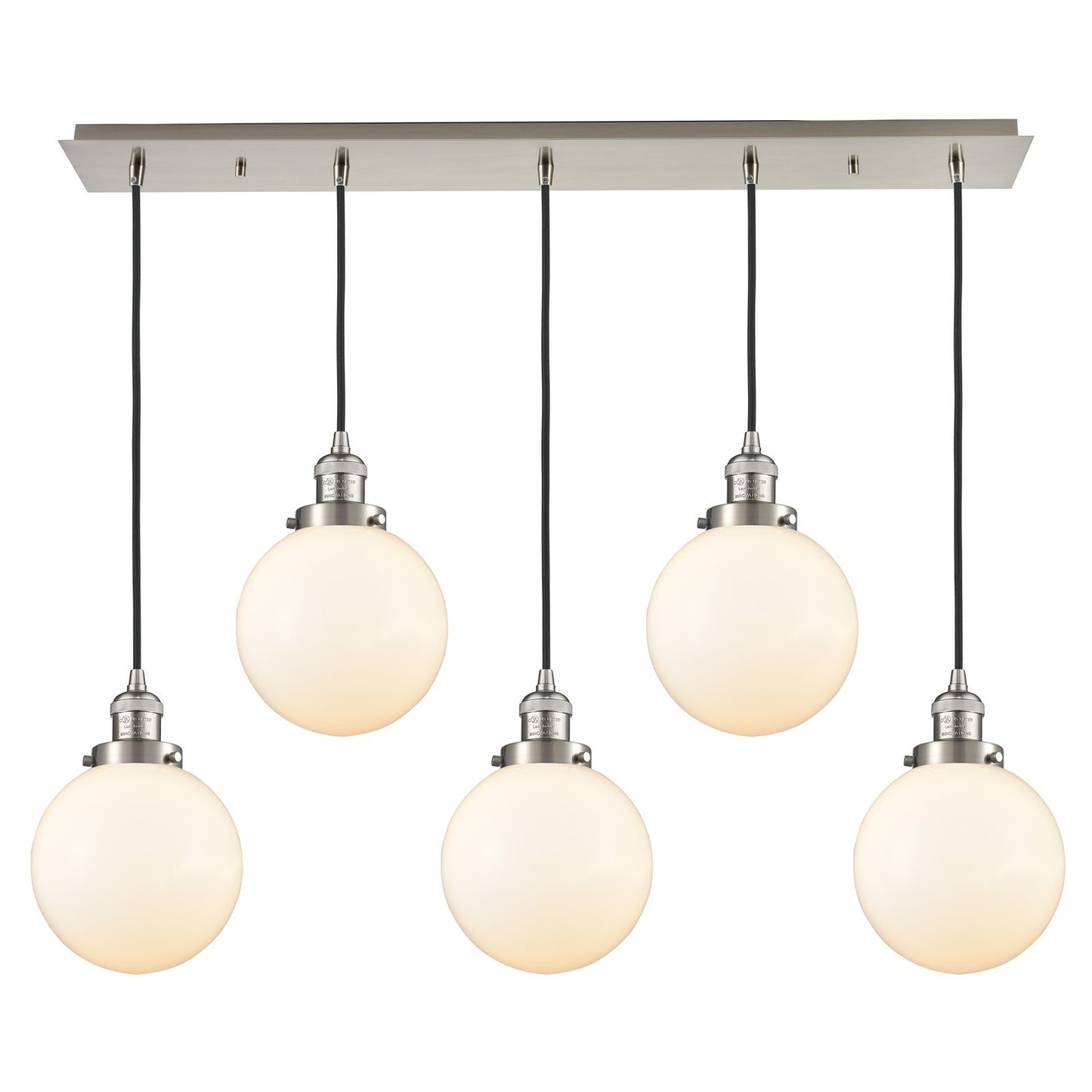 Innovations Beacon 40in 5-Light Linear Pendant | Art Deco Brushed Satin Nickel and Matte White Frosted Glass | Kitchen Island & | Model 125F-5P-SN-G201-8