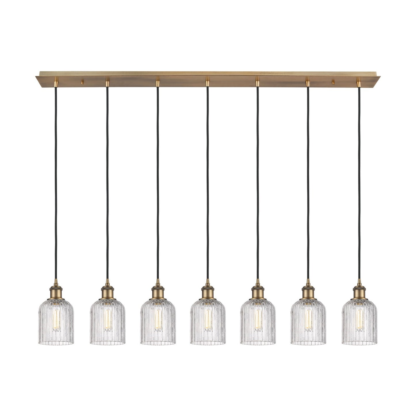 Innovations Bridal Veil 49in 7-Light Linear Pendant | Art Deco Brushed Brass and Clear Ribbed Glass | Kitchen Island & Dining | Model 127B-7P-BB-G559-5CL