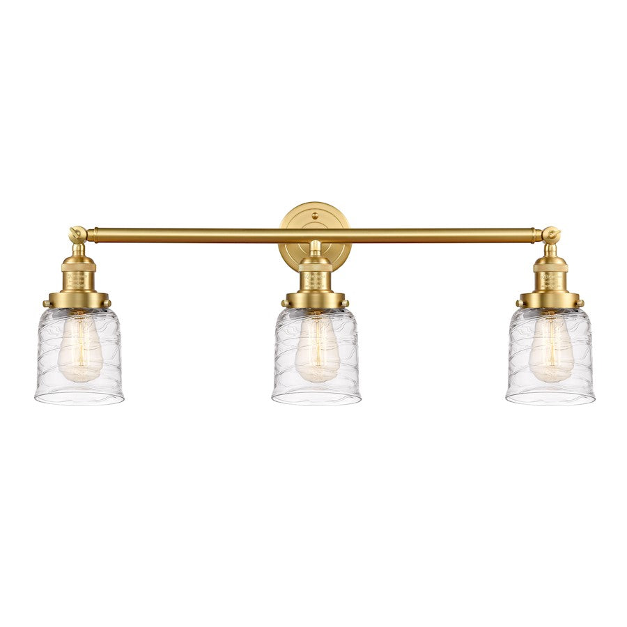 Innovations Franklin Restoration Bell 30in 3-Light LED Vanity | Industrial Farmhouse Satin Gold Steel and Cast Brass with Deco | Model 205-SG-G513-LED