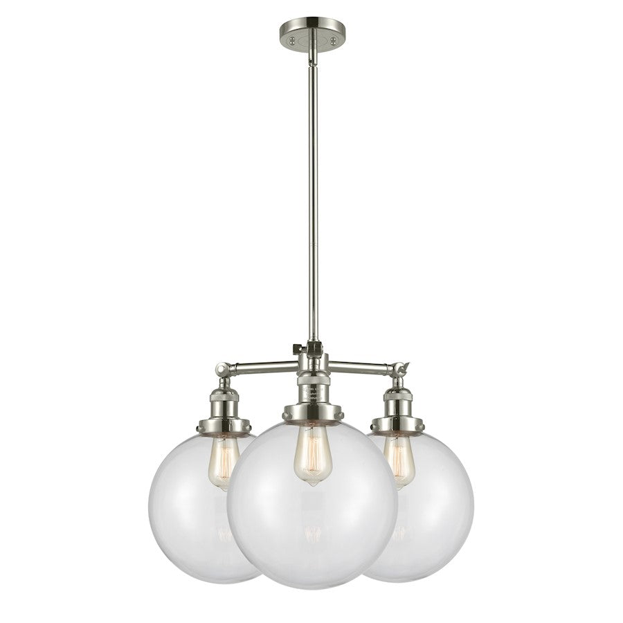Innovations XL Beacon 24in 3-Light Chandelier | Industrial Polished Nickel and Clear Globe Glass | Dining Room & Entryway | Model 207-PN-G202-10-LED