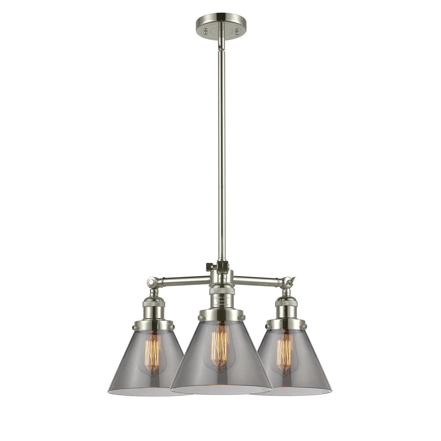 Innovations Lighting Large Cone 22in 3-Light Chandelier | Industrial Polished Nickel Cast Brass and Smoked Glass | Dining Room & Living | Model 207-PN-G43