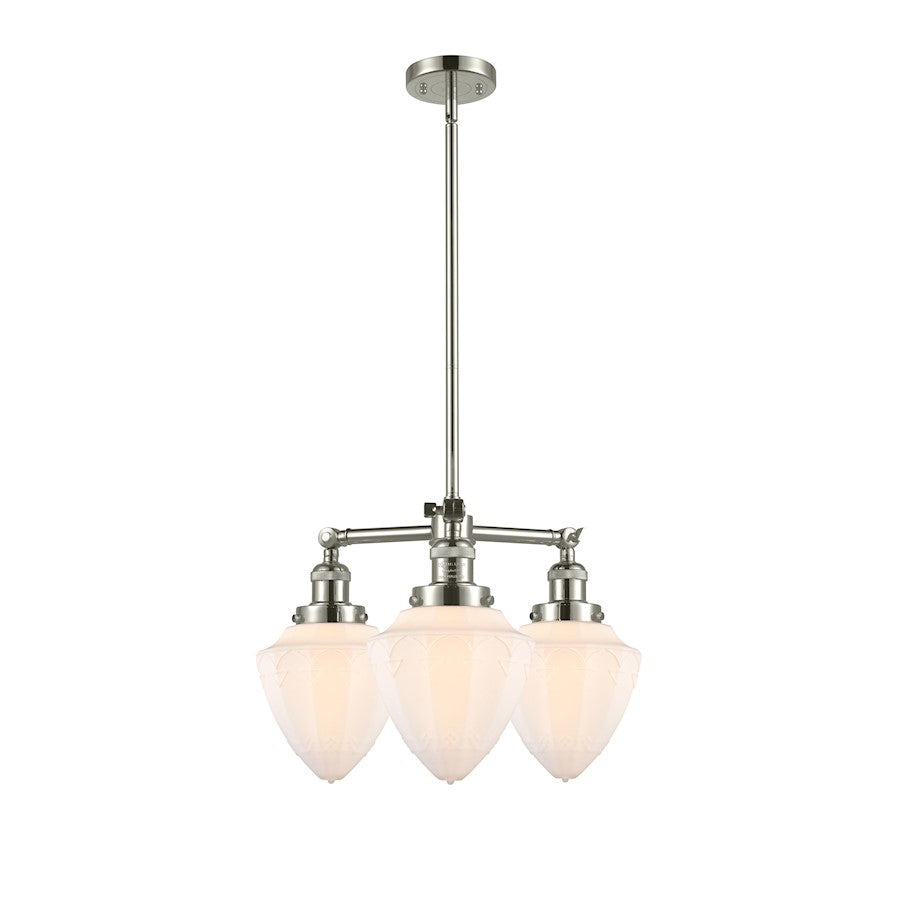 Innovations Franklin Restoration Bullet 20in 3-Light Chandelier | Traditional Art Deco Polished Nickel and Matte White Frosted Glass | Model 207-PN-G661-7