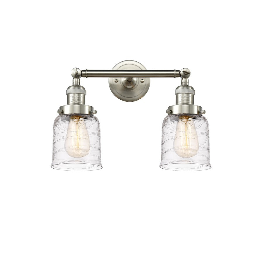 Innovations Franklin Restoration Bell 16in 2-Light LED Vanity | Industrial Brushed Satin Nickel Steel and Deco Swirl Glass | Model 208-SN-G513-LED