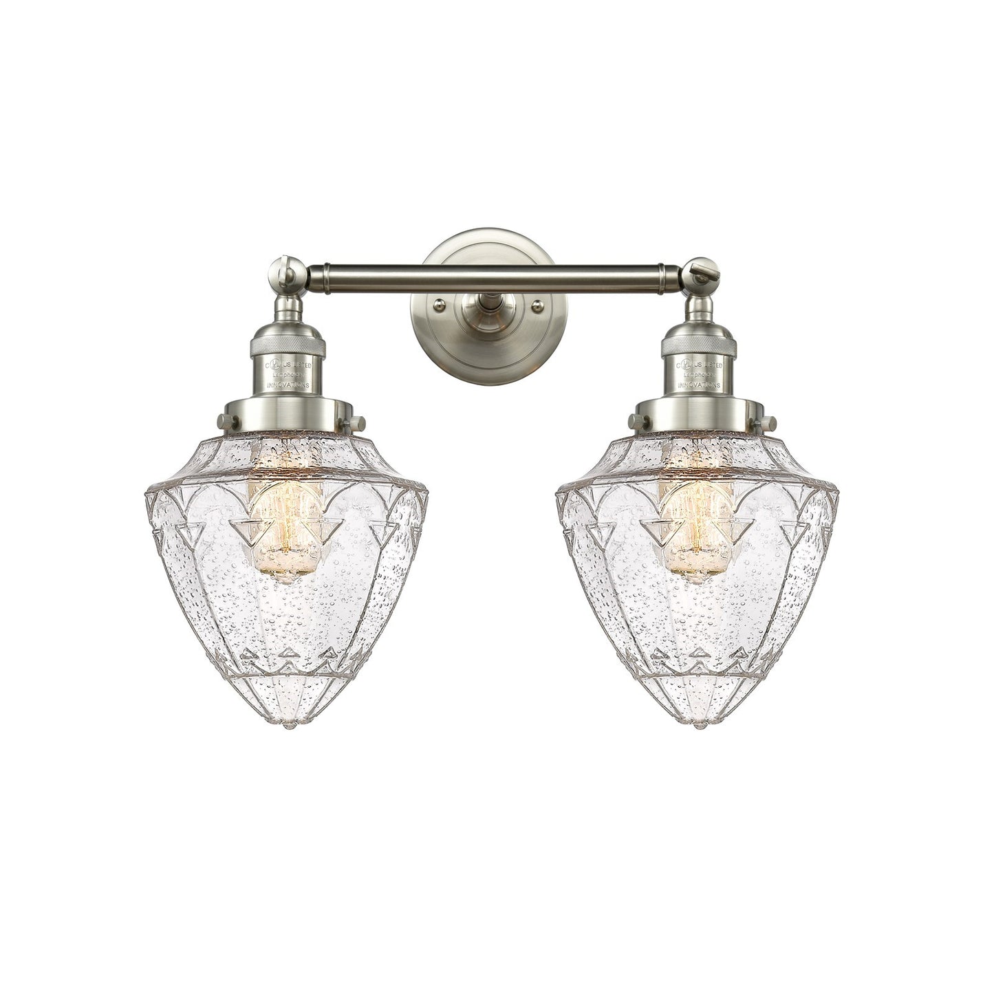 Innovations Bullet 18in 2-Light Bath Vanity | Traditional Art Deco Brushed Satin Nickel Steel and Seedy Glass | Bathroom Vanity & | Model 208-SN-G664-7