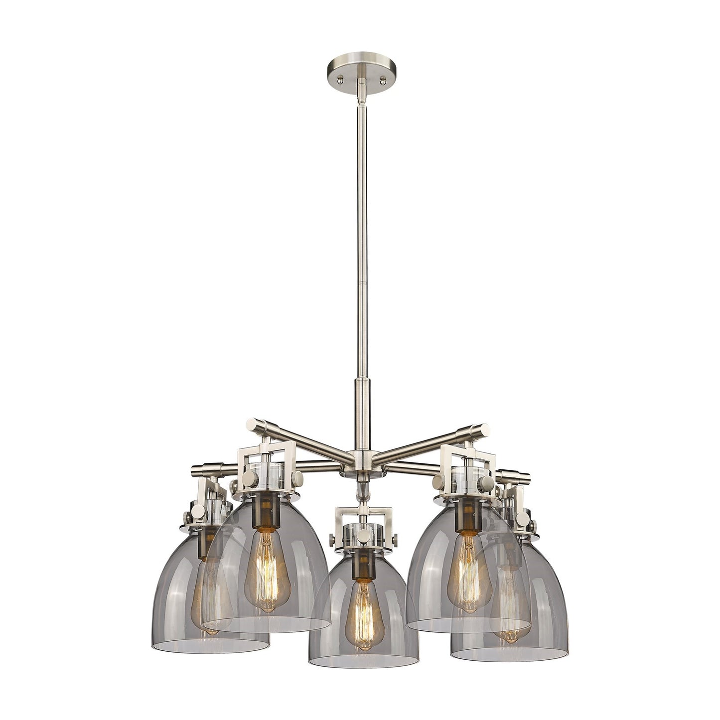 Innovations Newton Bell 26in 5-Light Chandelier | Industrial Satin Nickel and Light Smoke Glass | Kitchen Island & Dining | Model 411-5CR-SN-G412-7SM