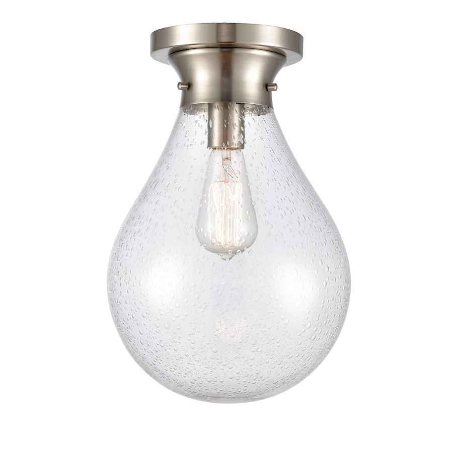 Innovations Genesis 14.75in 1-Light LED Flush Mount | Contemporary Satin Nickel and Seedy Glass | Bedroom & Hallway | Model 414-1F-SN-10SDY-LED
