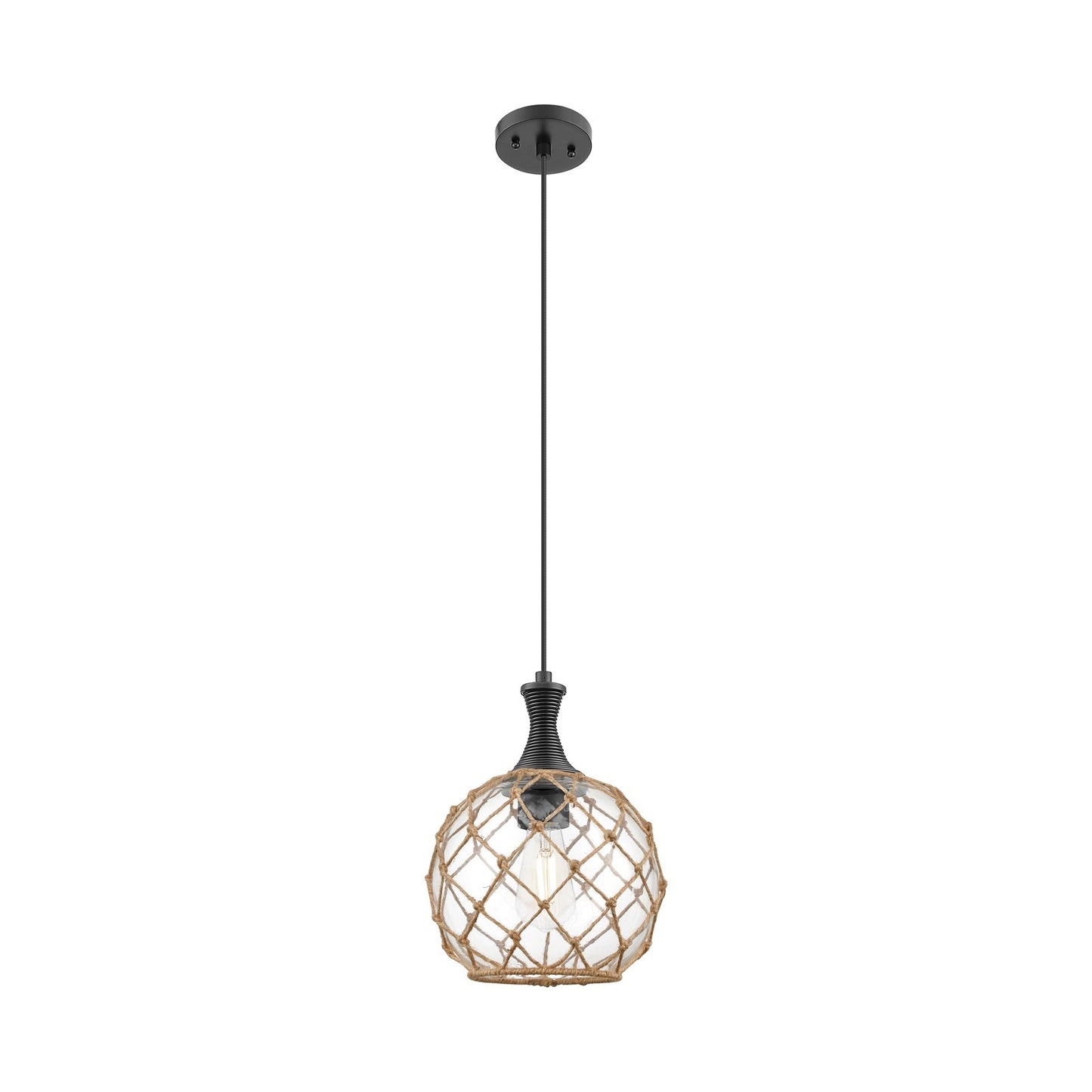 Innovations Astor 10in 1-Light Mini Pendant | Matte Black and Clear Glass with Brown Rope | Kitchen Island & Dining Room | Model 415-1P-BK-G122-10RB