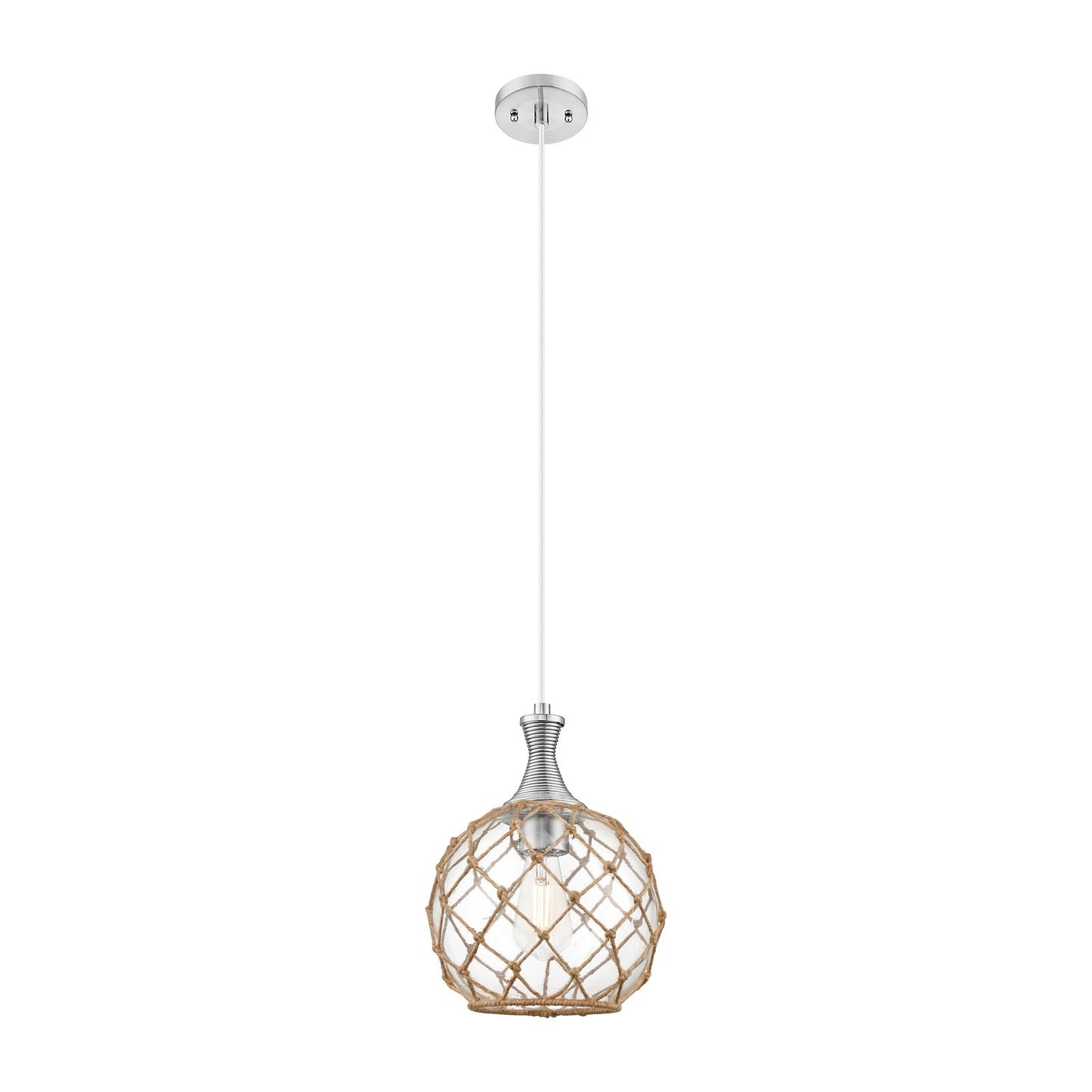 Innovations Astor 10in 1-Light Mini Pendant | Brushed Satin Nickel and Clear Glass Brown Rope | Kitchen Island & Dining | Model 415-1P-SN-G122-10RB