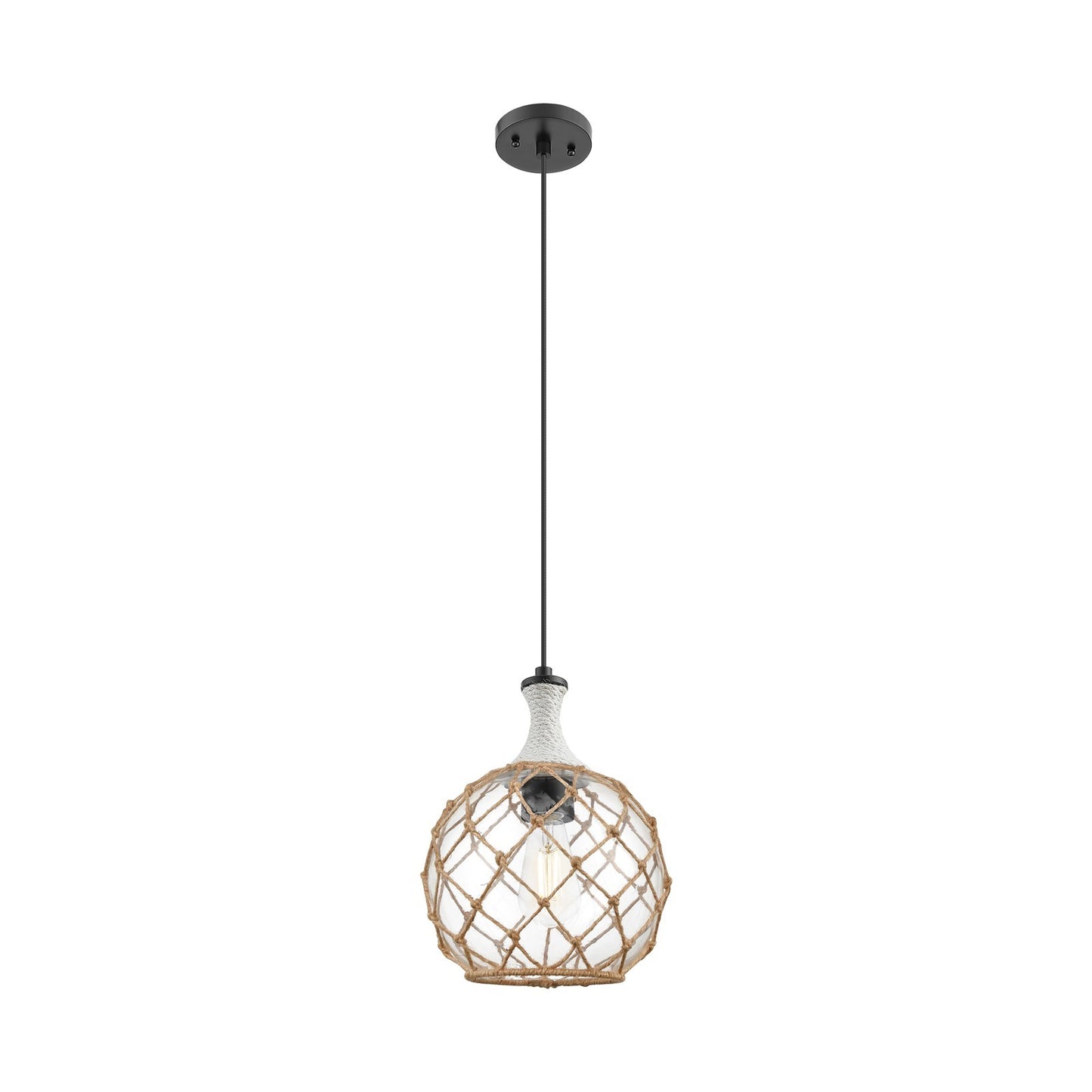 Innovations Astor 10in 1-Light Mini Pendant | Matte Black and Clear Glass with Brown Rope | Kitchen Island & Dining Room | Model 415-1PR-BK-G122-10RB