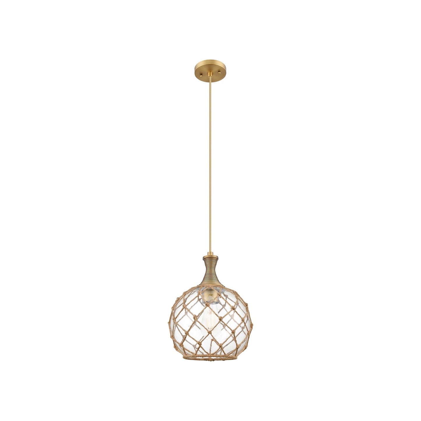 Innovations Astor 10in 1-Light Stem Hung Mini Pendant | Brushed Brass and Clear Glass Brown Rope | Kitchen Island | Model 415-1S-BB-G122-10RB