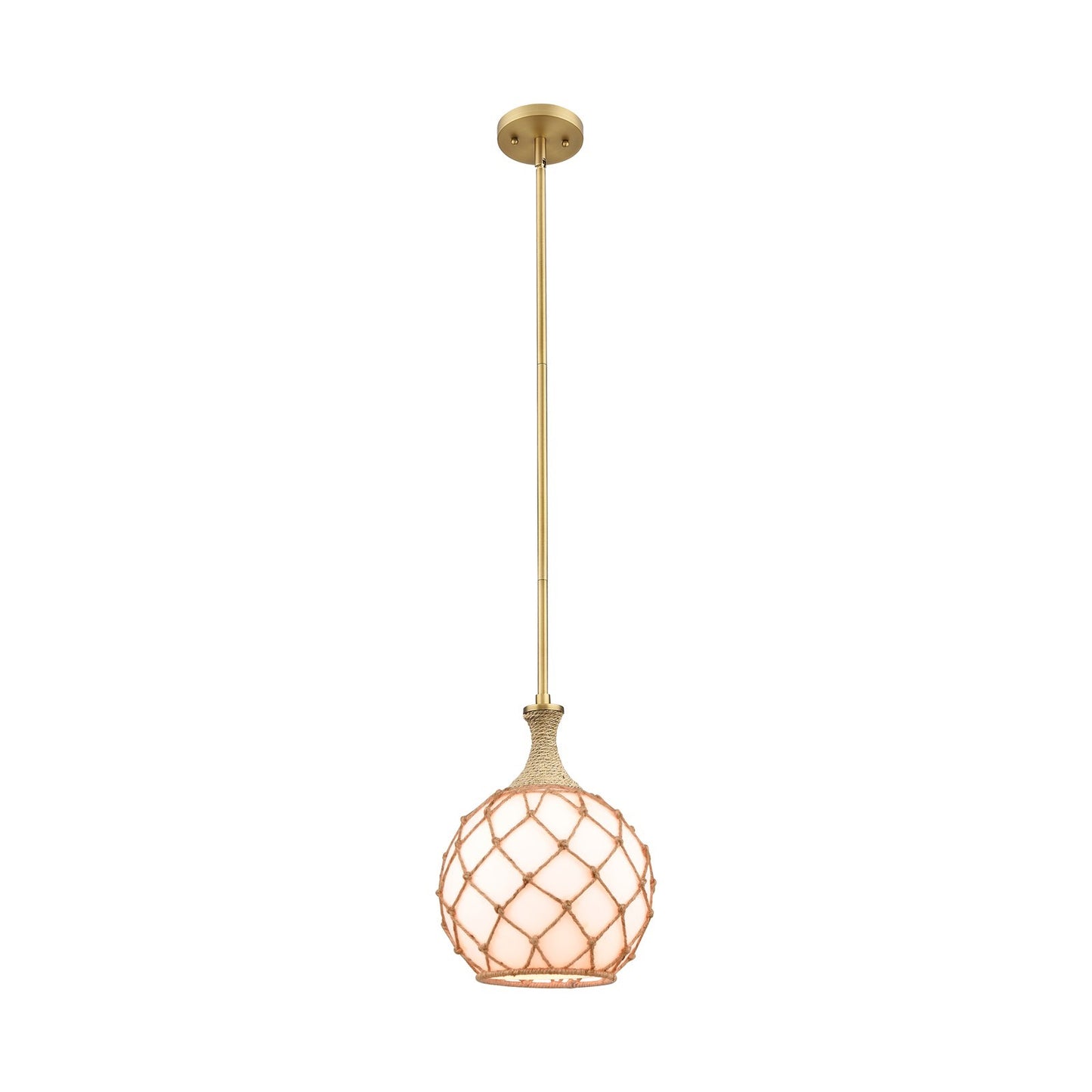 Innovations Astor 10in 1-Light Mini Pendant | Industrial Brushed Brass and Matte White Glass with Brown Rope | Kitchen | Model 415-1SR-BB-G121-10RB