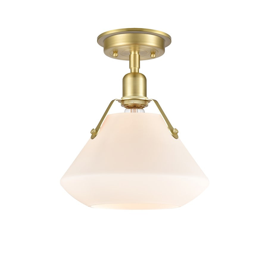 Innovations Luna 10.62in 1-Light Flush Mount | Retro Satin Brass and Amber Glass White Shade | Bedroom & Hallway | Model 422-1F-SB-10W