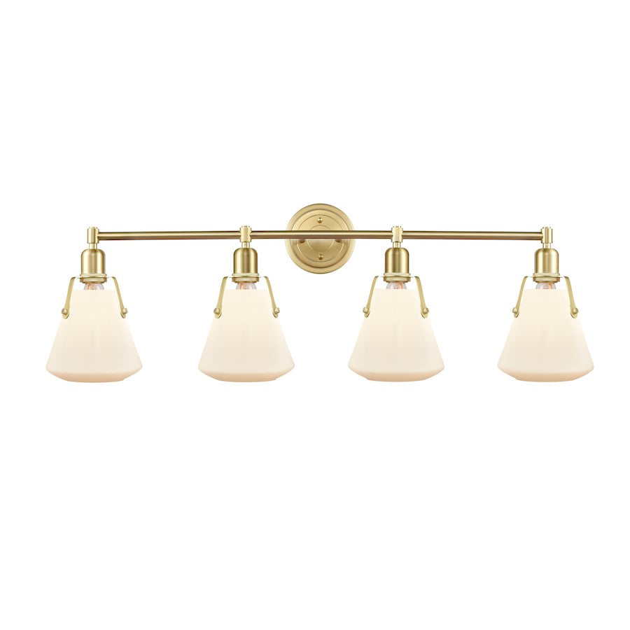Innovations Luna 40in 4-Light Vanity | Retro Industrial Satin Brass and Amber Glass | Bathroom & Powder Room | 40 x 12.25 x 7.75 in | Model 422-4W-SB-7W
