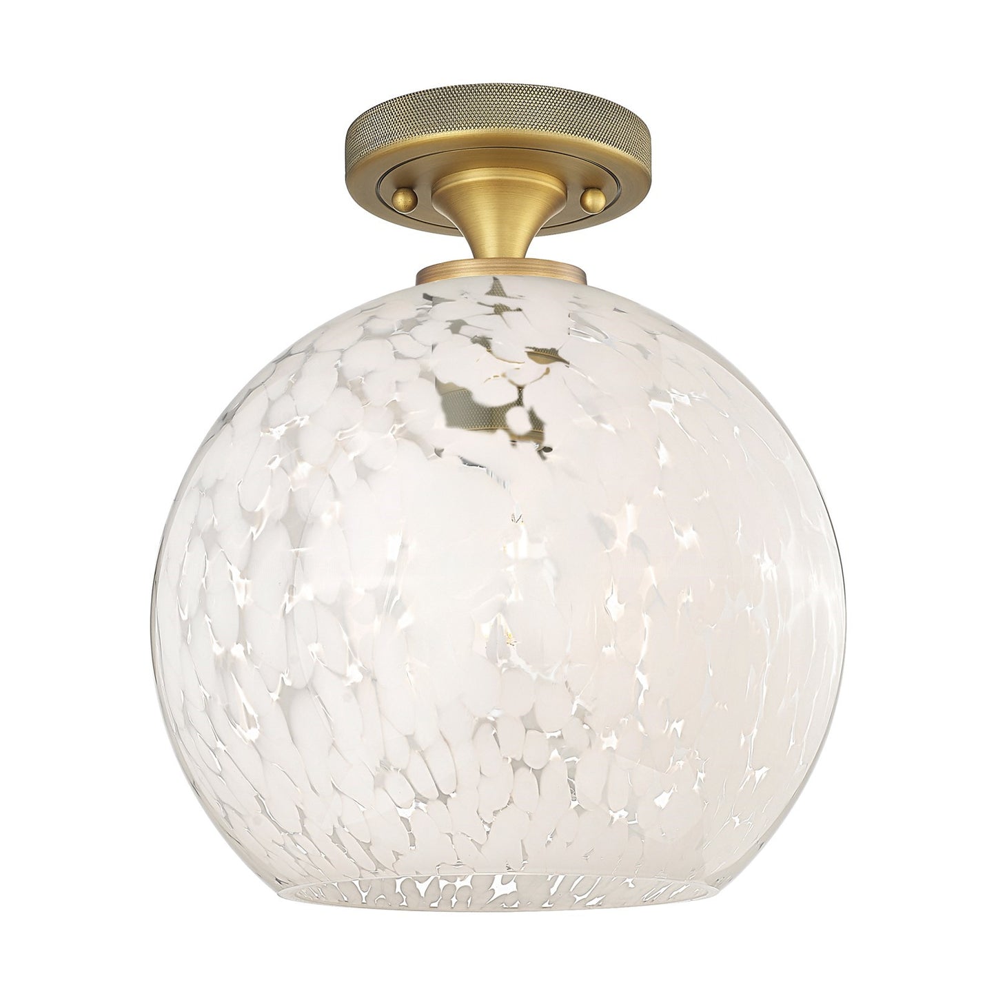 Innovations White Mouchette 10in 1-Light Flush Mount | Industrial Brushed Brass and White Glass | Hallway & Bedroom | Model 434-1F-BB-G1216-10WM