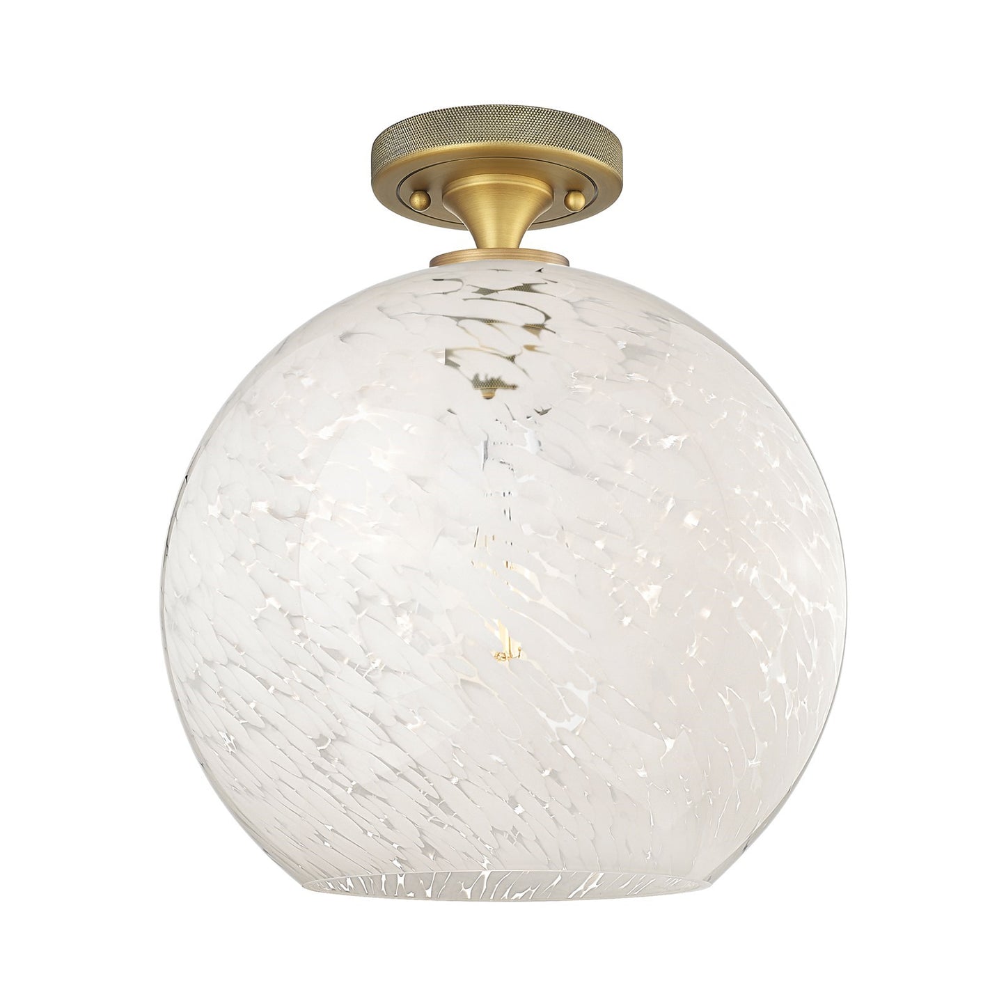 Innovations White Mouchette 12in 1-Light Flush Mount | Industrial Brushed Brass and White Glass | Hallway & Bedroom | Model 434-1F-BB-G1216-12WM