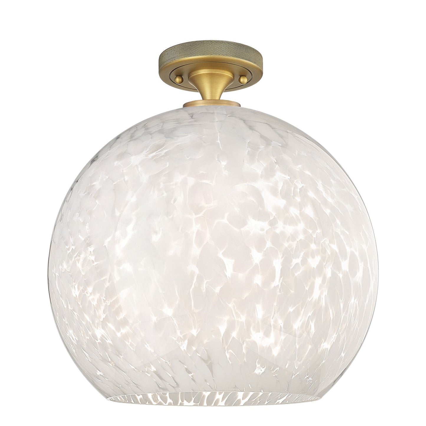 Innovations White Mouchette 14in 1-Light Flush Mount | Industrial Brushed Brass and White Glass | Hallway & Bedroom | Model 434-1F-BB-G1216-14WM