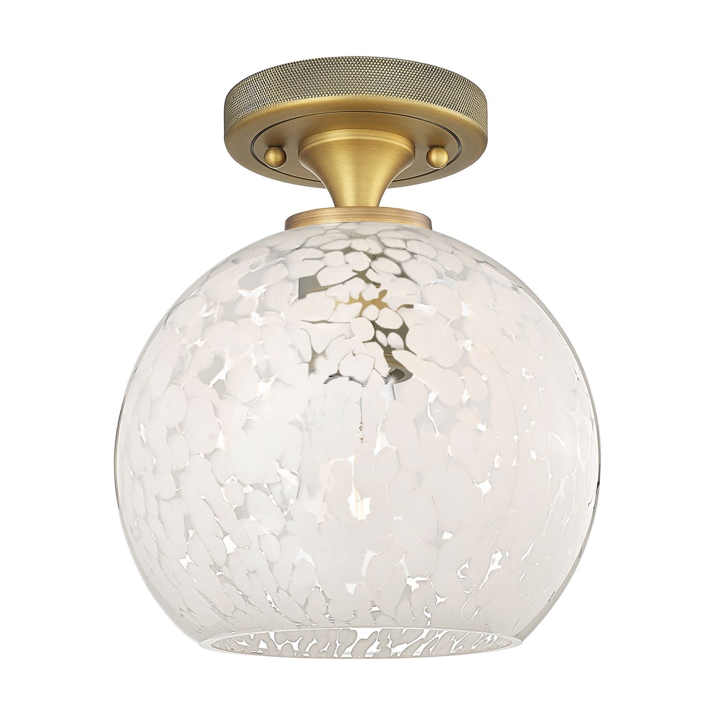 Innovations White Mouchette 8in 1-Light Flush Mount | Industrial Brushed Brass and White Glass | Hallway & Bedroom | Model 434-1F-BB-G1216-8WM