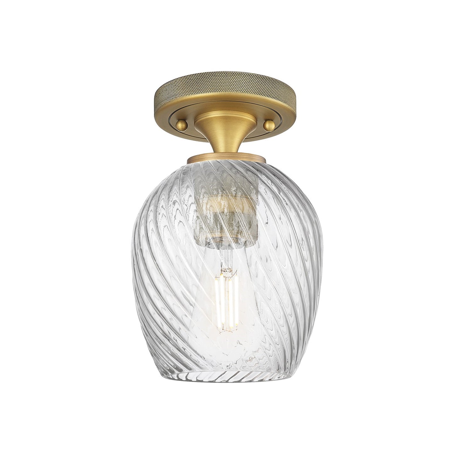 Innovations Salina 5.75in 1-Light Flush Mount | Industrial Brushed Brass and Clear Spiral Fluted Glass | Kitchen & Hallway | Model 434-1F-BB-G292