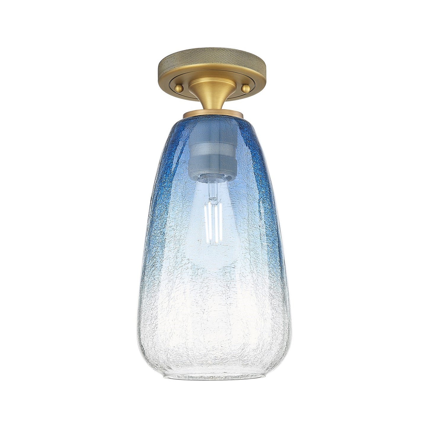Innovations Brookhaven Almond 6in 1-Light Flush Mount | Industrial Brushed Brass and Sapphire Blue Glass | Bathroom | Model 434-1F-BB-G480-6SB