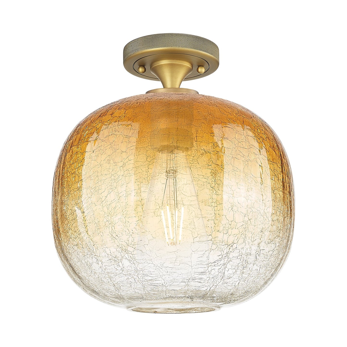 Innovations Brookhaven Sphere 10.5in 1-Light Flush Mount | Industrial Brushed Brass and Amber Glass | Bathroom & Entryway | Model 434-1F-BB-G481-10AM