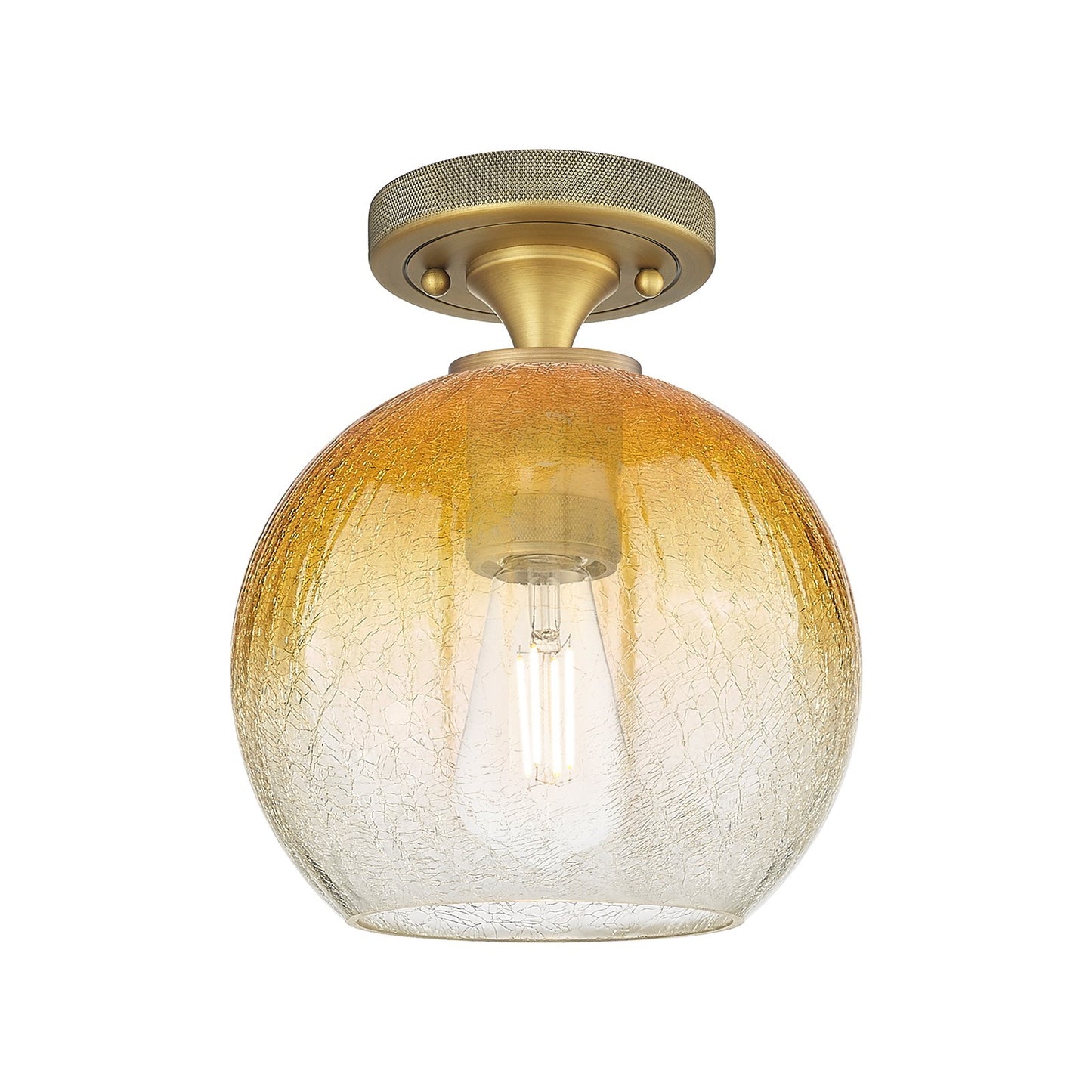 Innovations Brookhaven Globe 8in 1-Light Flush Mount | Industrial Brushed Brass and Amber Glass | Hallway & Bathroom | Model 434-1F-BB-G483-8AM