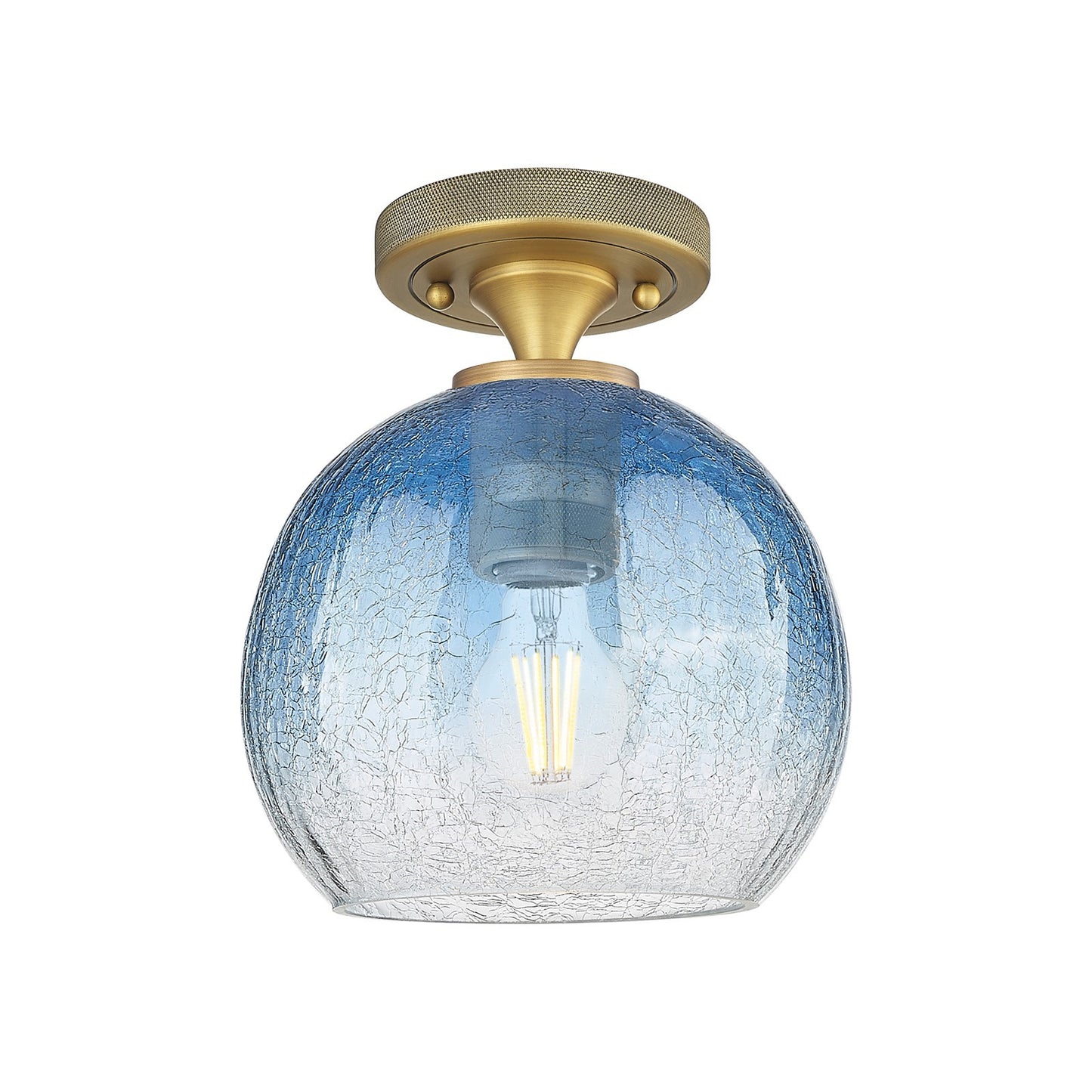 Innovations Brookhaven Globe 8in 1-Light Flush Mount | Industrial Brushed Brass and Sapphire Blue Glass | Hallway | Model 434-1F-BB-G483-8SB