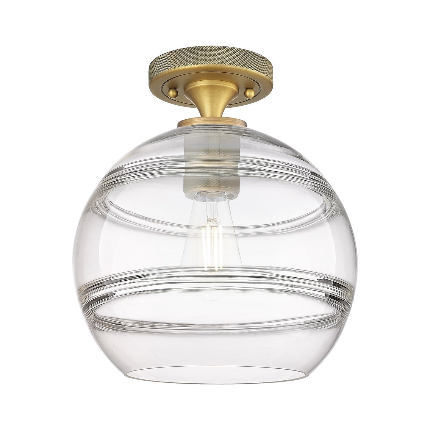 Innovations Rochester 10in 1-Light Flush Mount | Industrial Brushed Brass and Clear Glass | Kitchen & Bathroom | Model 434-1F-BB-G556-10CL