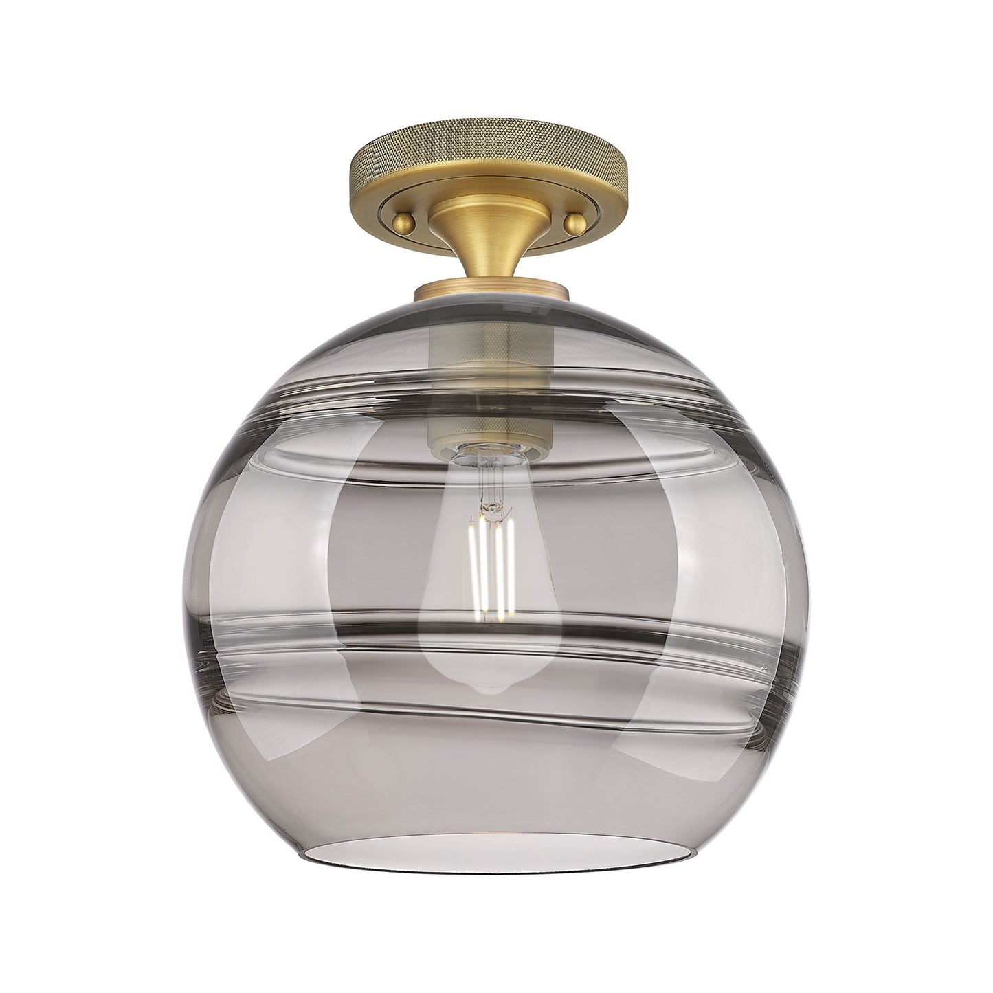 Innovations Rochester 10in 1-Light Flush Mount | Industrial Brushed Brass and Light Smoke Glass | Hallway & Bedroom | Model 434-1F-BB-G556-10SM