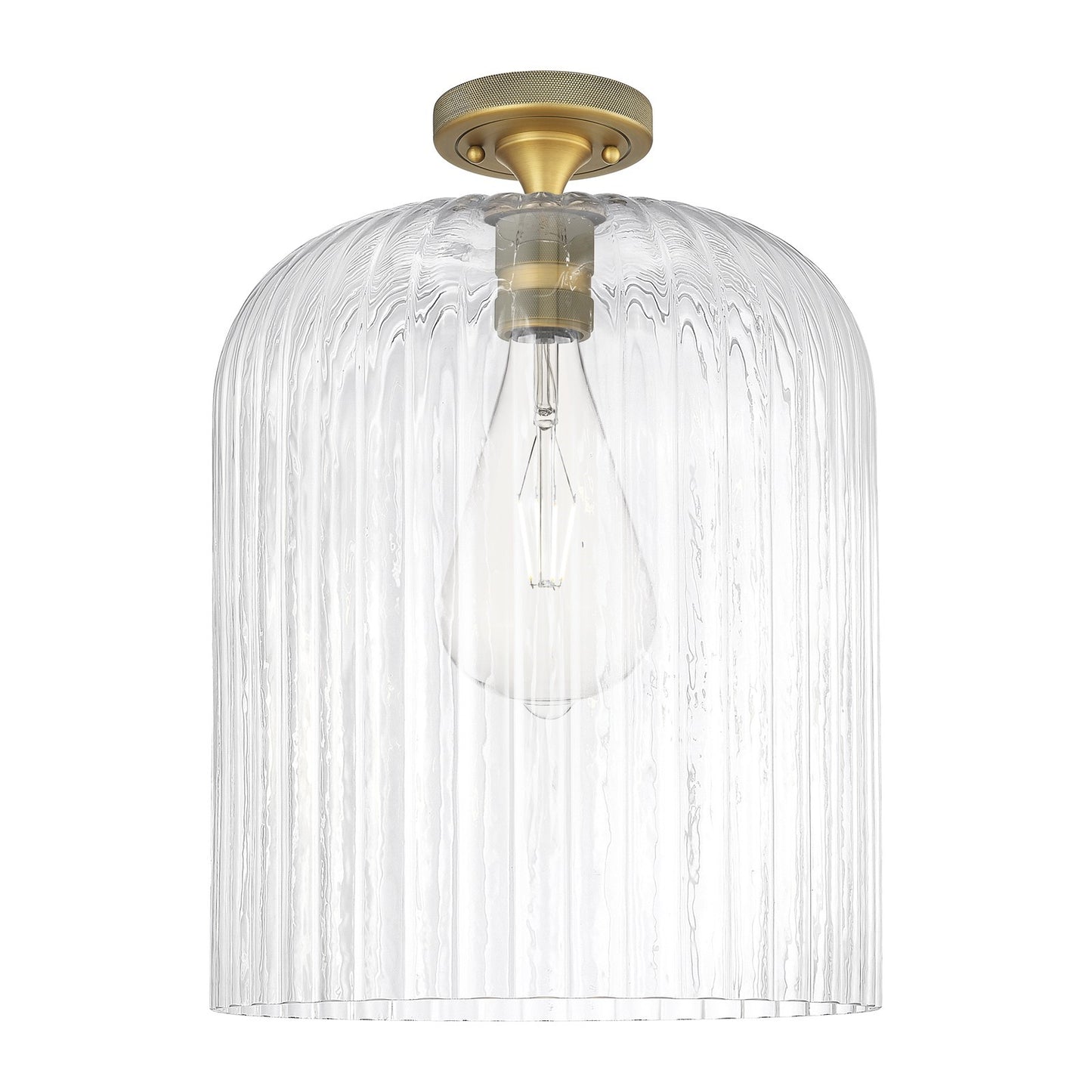 Innovations Crown Point 12in 1-Light Flush Mount | Industrial Brushed Brass and Clear Ribbed Glass | Hallway & Bedroom | Model 434-1F-BB-G559-12CL