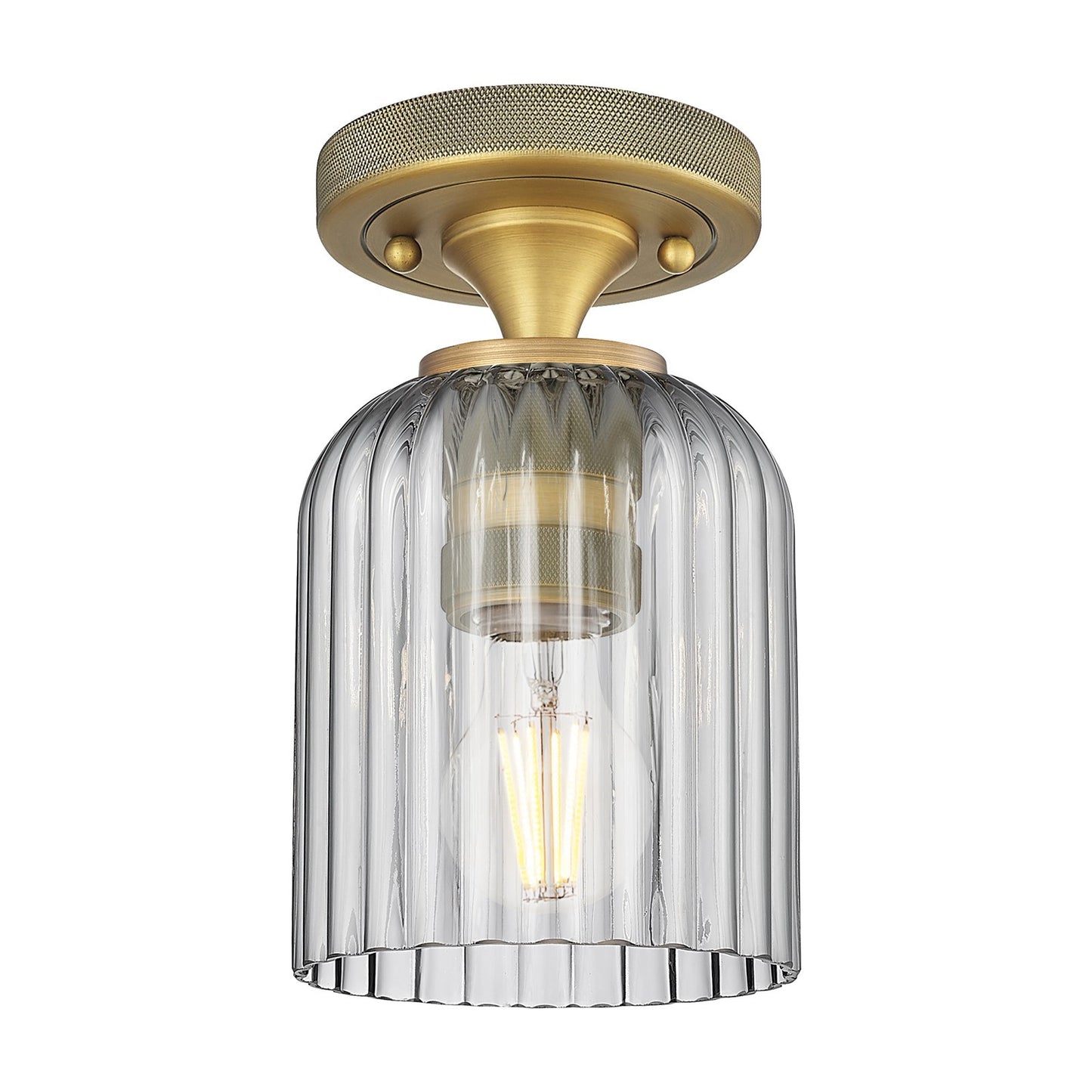 Innovations Crown Point 5in 1-Light Flush Mount | Industrial Brushed Brass and Light Smoke Glass | Hallway & Bedroom | Model 434-1F-BB-G559-5SM