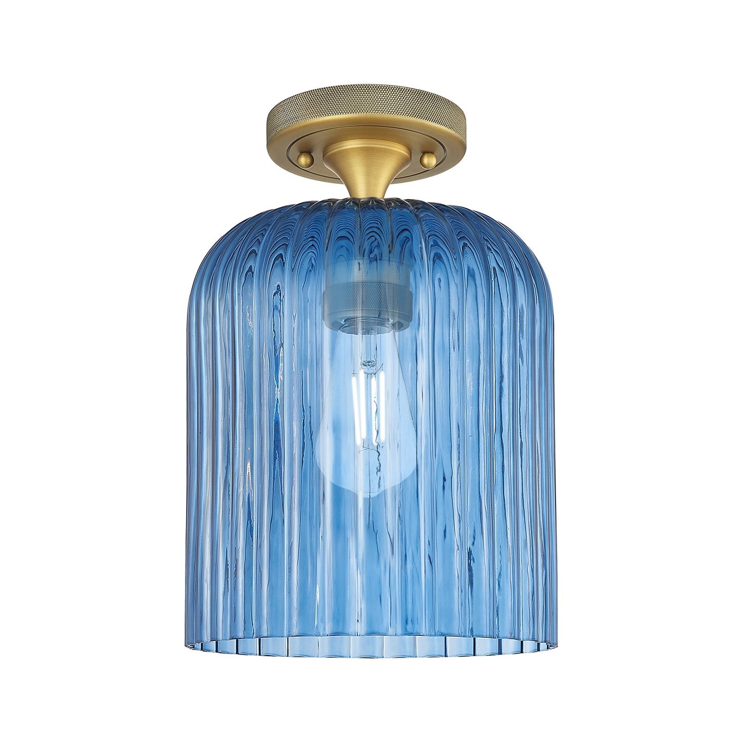 Innovations Crown Point 8in 1-Light Flush Mount | Industrial Brushed Brass and Princess Blue Glass | Hallway & Bedroom | Model 434-1F-BB-G559-8BL