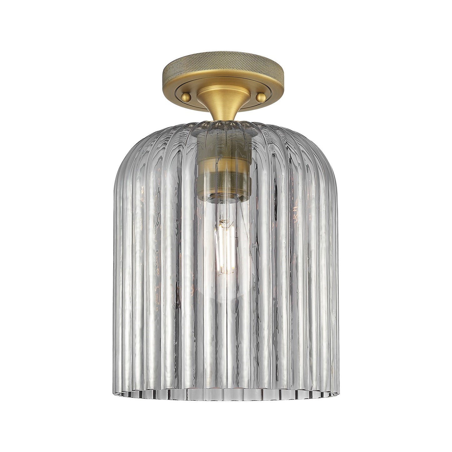 Innovations Crown Point 8in 1-Light Flush Mount | Industrial Brushed Brass and Light Smoke Glass | Bathroom & Hallway | Model 434-1F-BB-G559-8SM