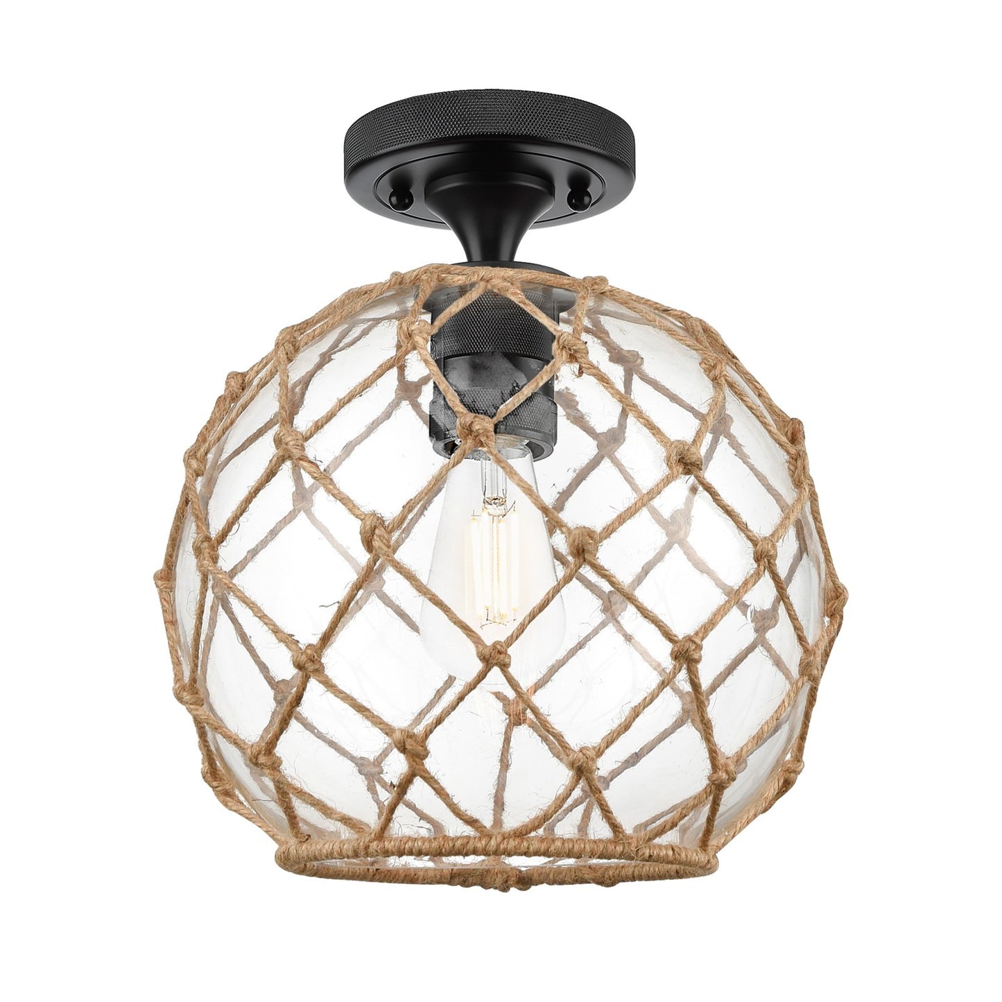 Innovations Farmhouse Rope 10in 1-Light Flush Mount | Industrial Matte Black and Clear Glass Brown Rope | Hallway | Model 434-1F-BK-G122-10RB