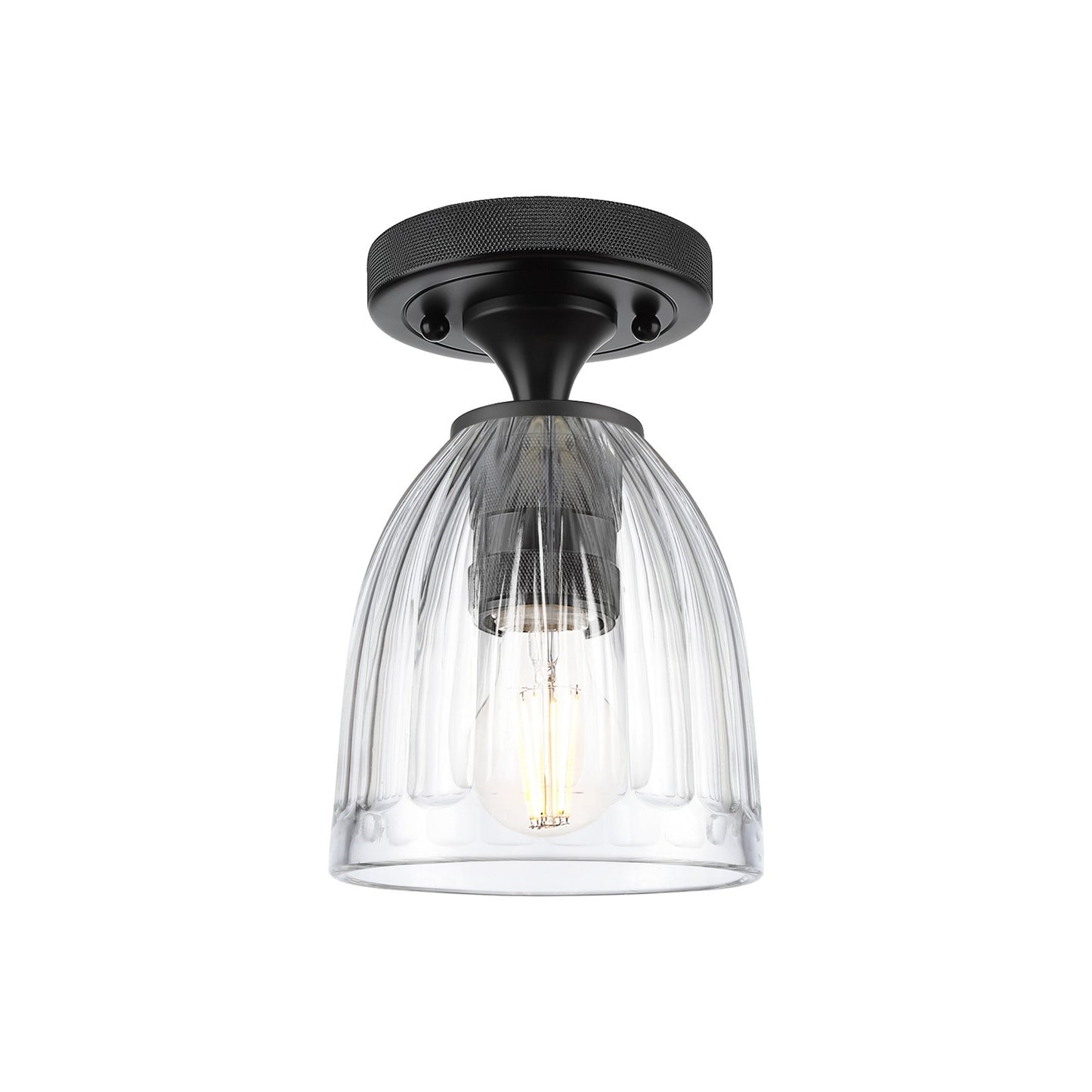 Innovations Brookfield 5.75in 1-Light Flush Mount | Industrial Matte Black and Clear Ribbed Glass | Hallway & Bedroom | Model 434-1F-BK-G442