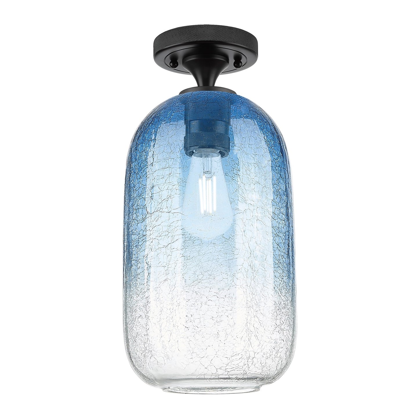 Innovations Brookhaven Cloche 7in 1-Light Flush Mount | Industrial Matte Black and Sapphire Blue Glass | Hallway & Bedroom | Model 434-1F-BK-G482-7SB
