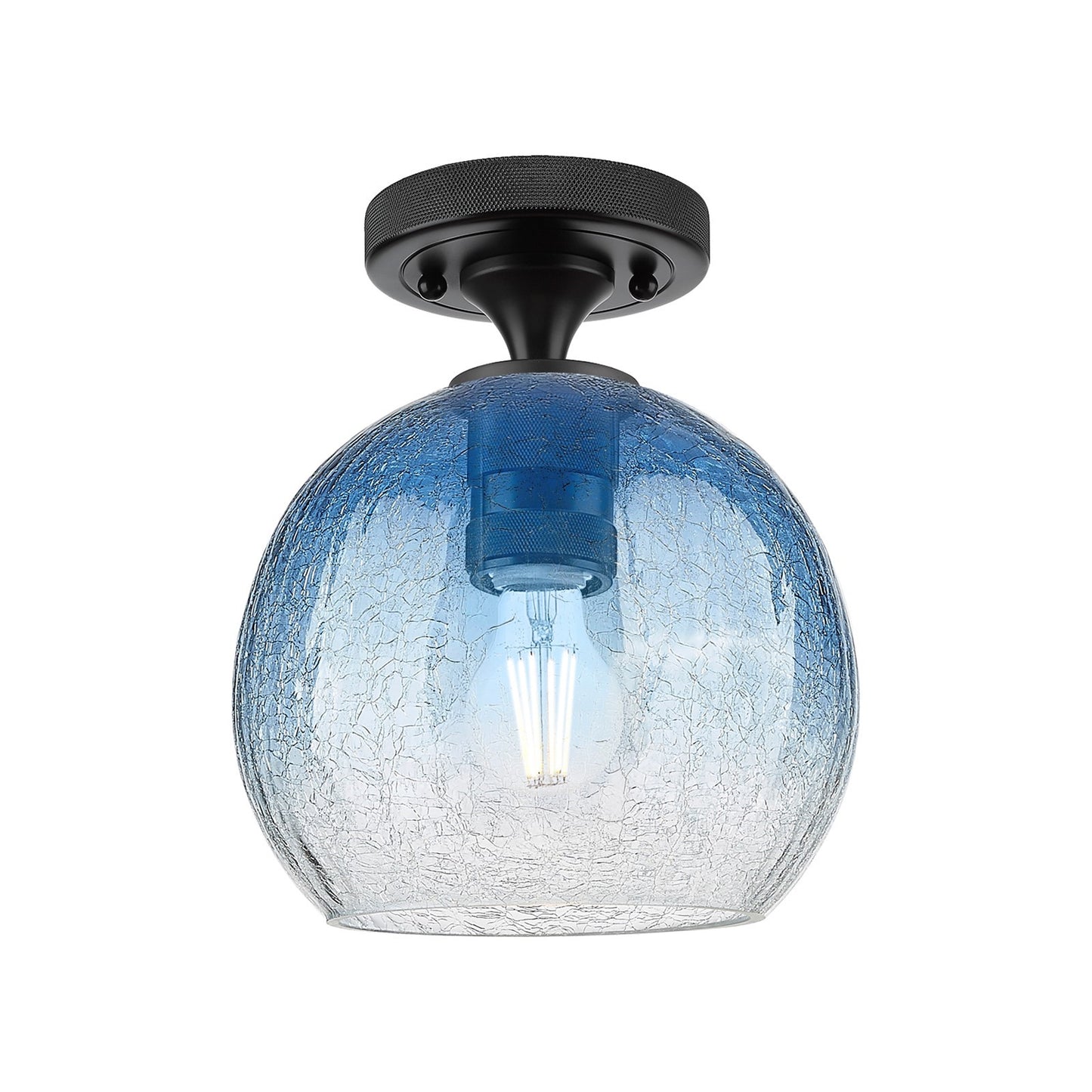Innovations Brookhaven Globe 8in 1-Light Flush Mount | Industrial Matte Black and Sapphire Blue Glass | Hallway & Bedroom | Model 434-1F-BK-G483-8SB
