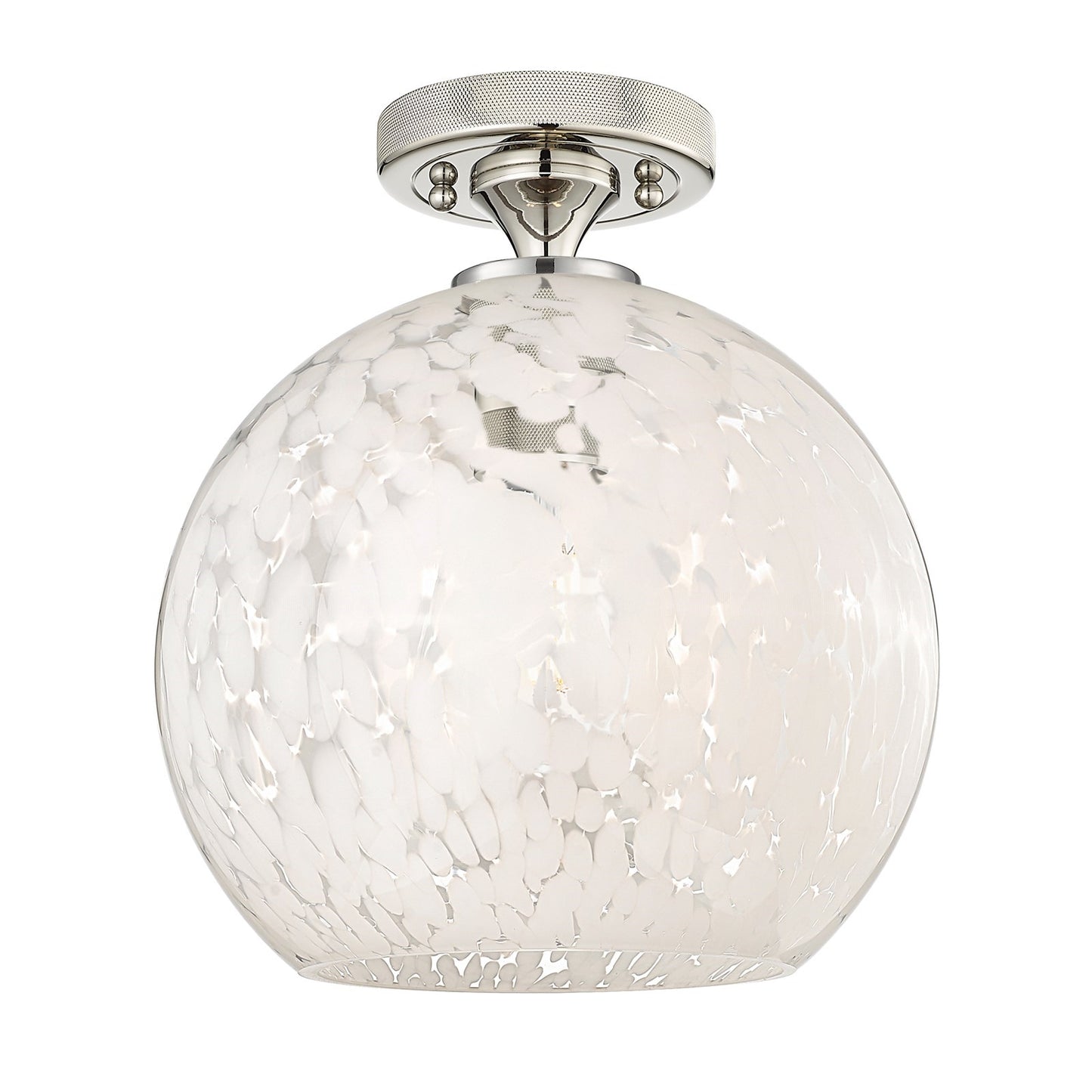 Innovations White Mouchette 10in 1-Light Flush Mount | Industrial Polished Nickel and White Mouchette Glass | Bathroom | Model 434-1F-PN-G1216-10WM