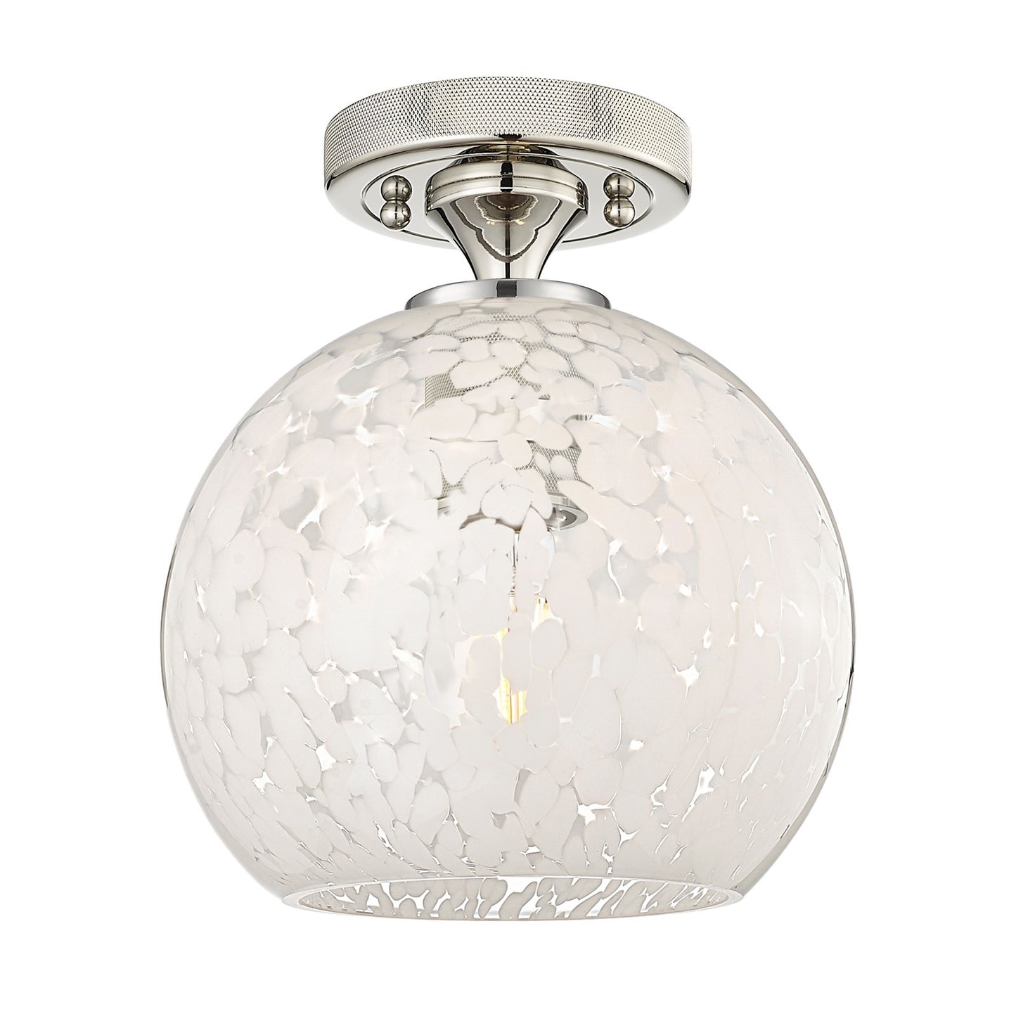Innovations White Mouchette 8in 1-Light Flush Mount | Industrial Polished Nickel and White Glass | Hallway & Bedroom | Model 434-1F-PN-G1216-8WM