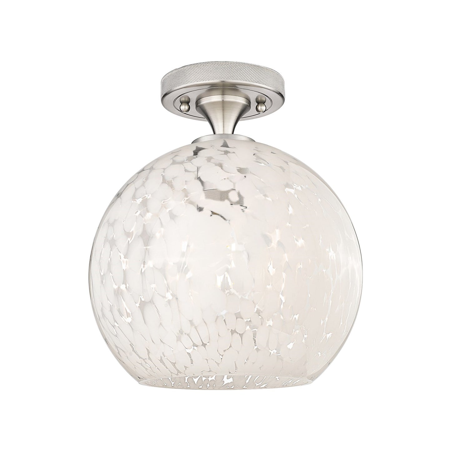 Innovations White Mouchette 10in 1-Light Flush Mount | Industrial Satin Nickel and White Glass | Hallway & Bedroom | Model 434-1F-SN-G1216-10WM
