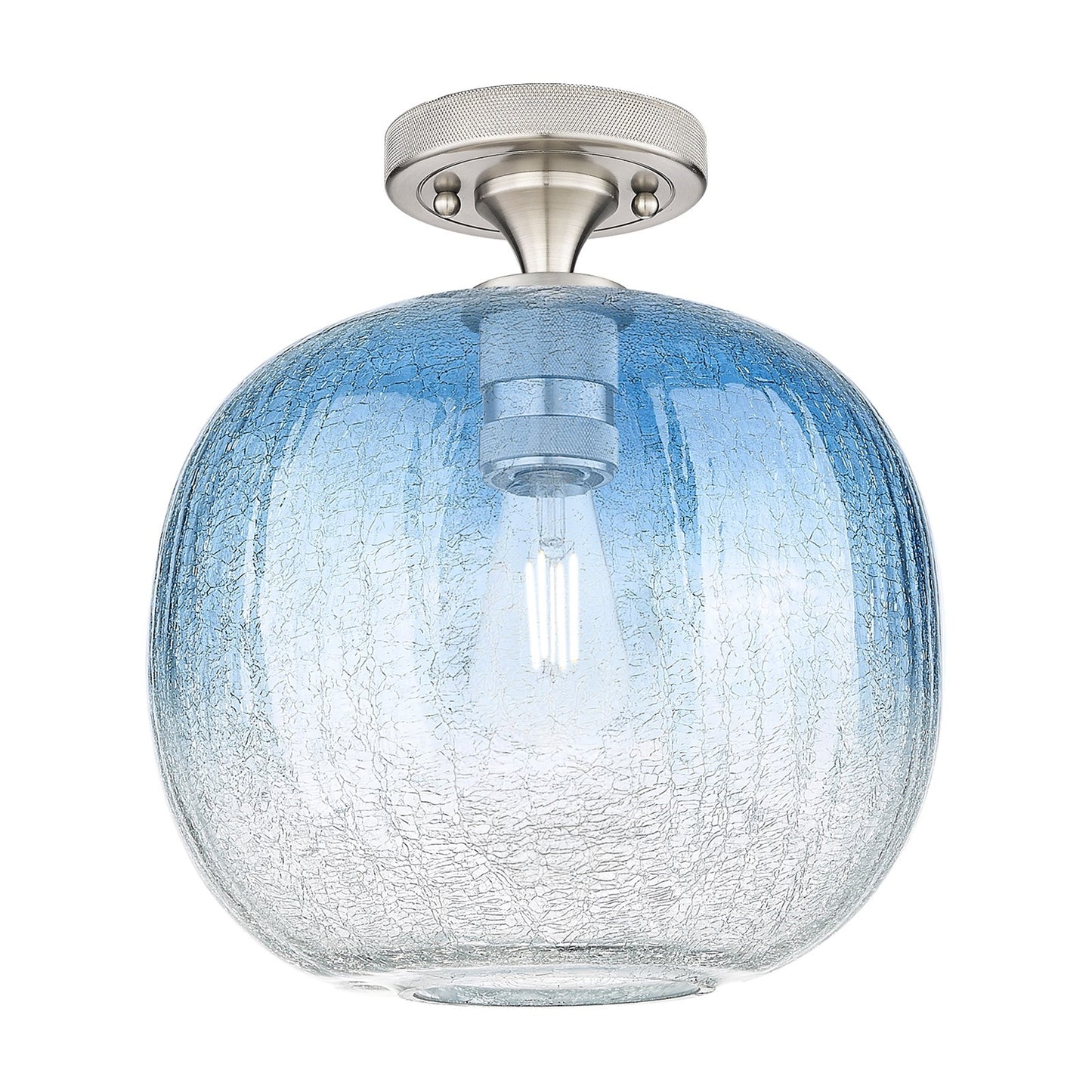 Innovations Brookhaven Sphere 10.5in 1-Light Flush Mount | Industrial Satin Nickel and Sapphire Blue Glass | Hallway | Model 434-1F-SN-G481-10SB