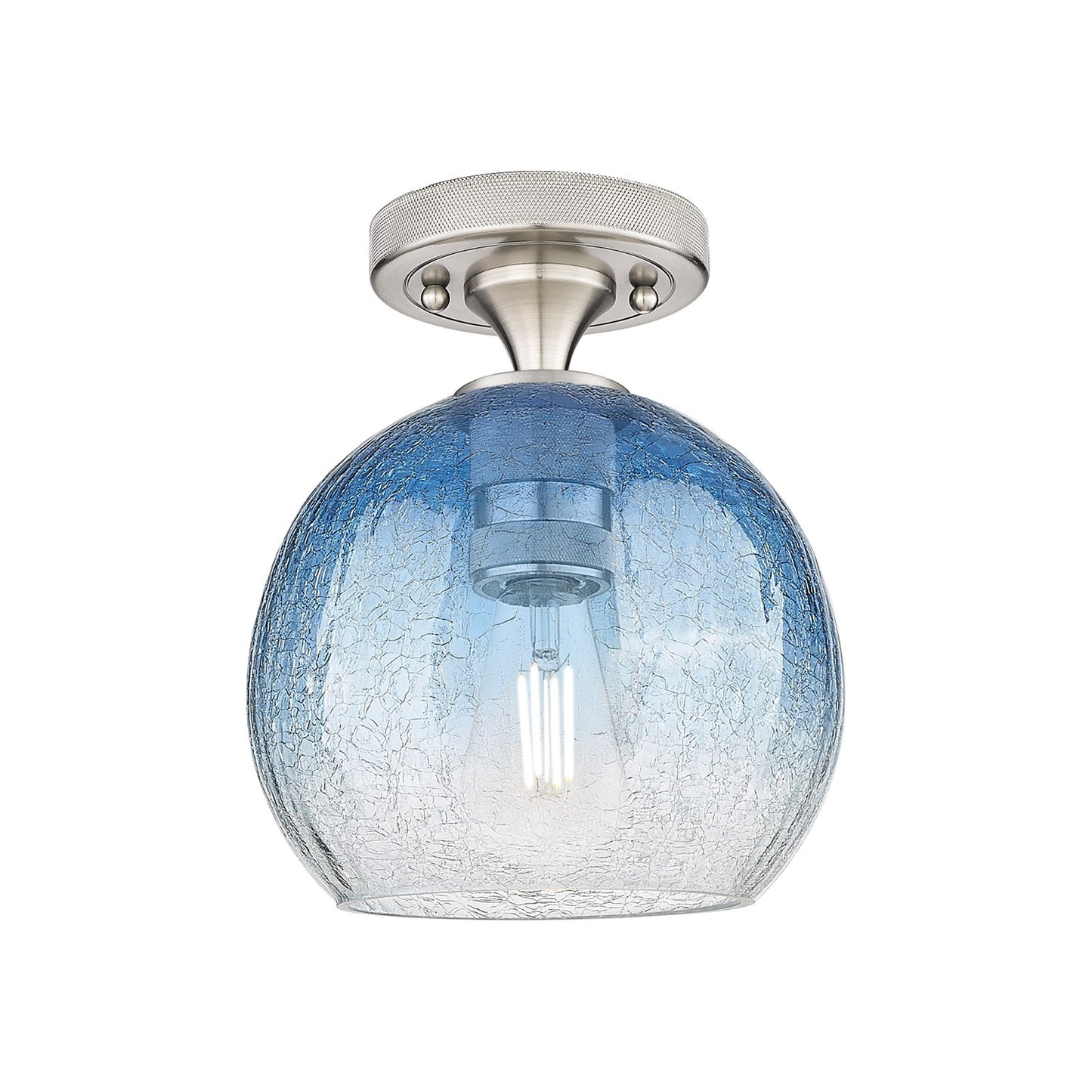 Innovations Brookhaven Globe 7.8in 1-Light Flush Mount | Industrial Satin Nickel and Sapphire Blue Glass | Hallway | Model 434-1F-SN-G483-8SB