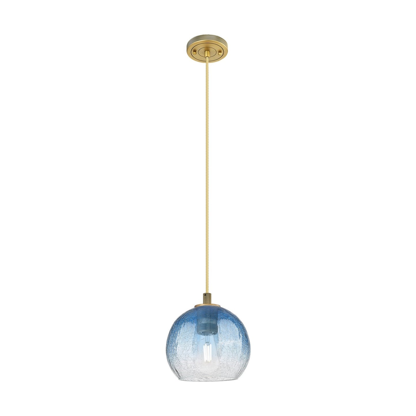 Innovations Brookhaven Globe 7.8in 1-Light Pendant | Industrial Brushed Brass and Sapphire Blue Glass | Kitchen Island | Model 434-1P-BB-G483-8SB
