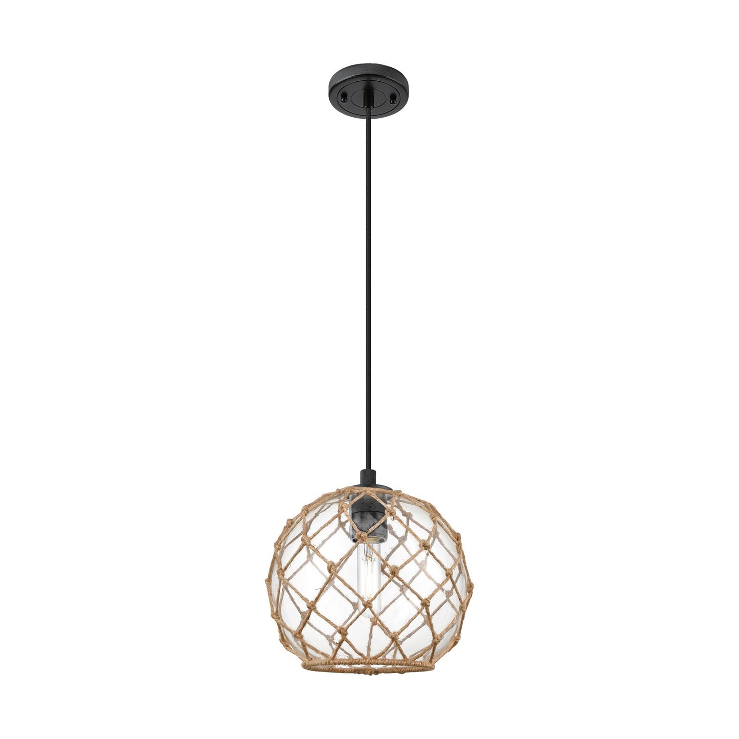 Innovations Farmhouse Rope 10in 1-Light Pendant | Industrial Matte Black and Clear Glass with Brown Rope | Kitchen Island | Model 434-1P-BK-G122-10RB