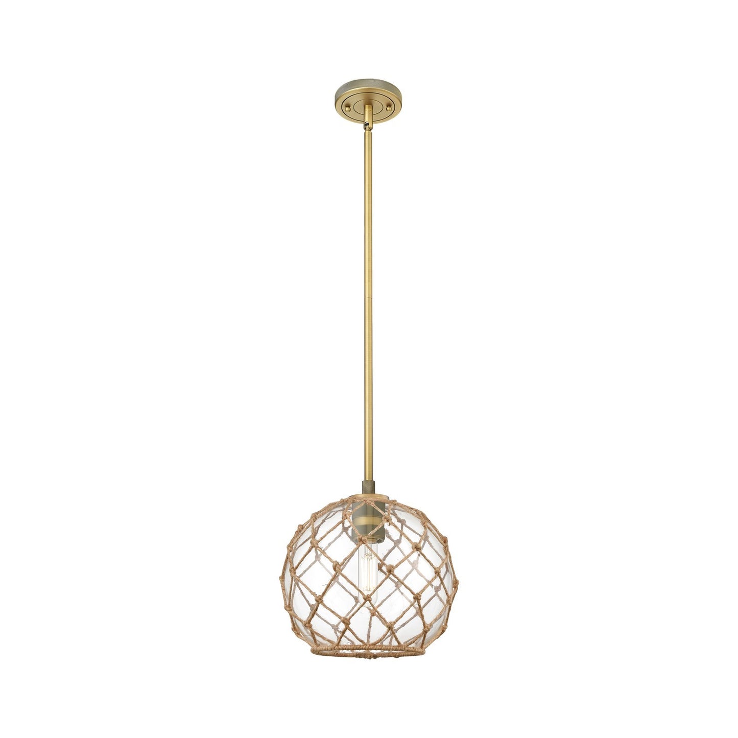 Innovations Farmhouse Rope 10in 1-Light Pendant | Industrial Brushed Brass and Clear Glass Brown Rope | Kitchen Island | Model 434-1S-BB-G122-10RB