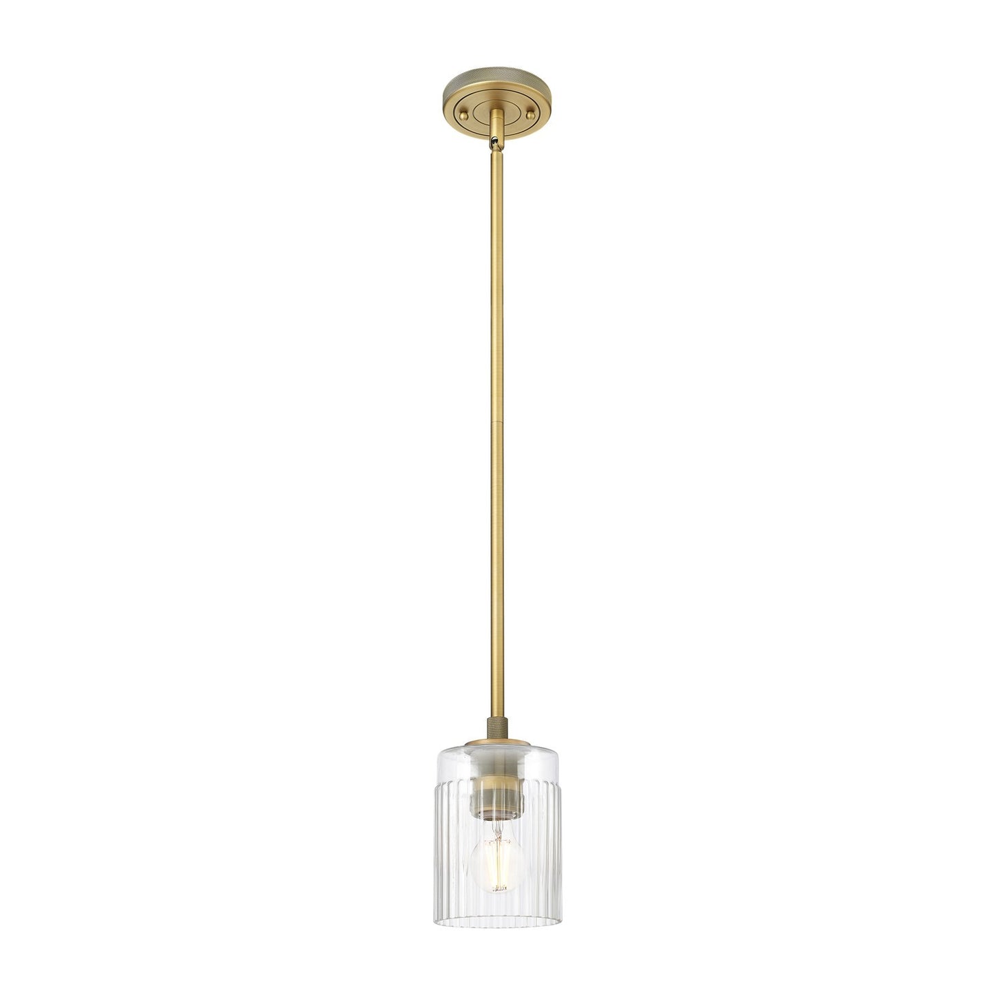 Innovations Hadley 4.5in 1-Light Pendant | Industrial Brushed Brass and Clear Ribbed Glass | Kitchen Island & Dining Room | Model 434-1S-BB-G342