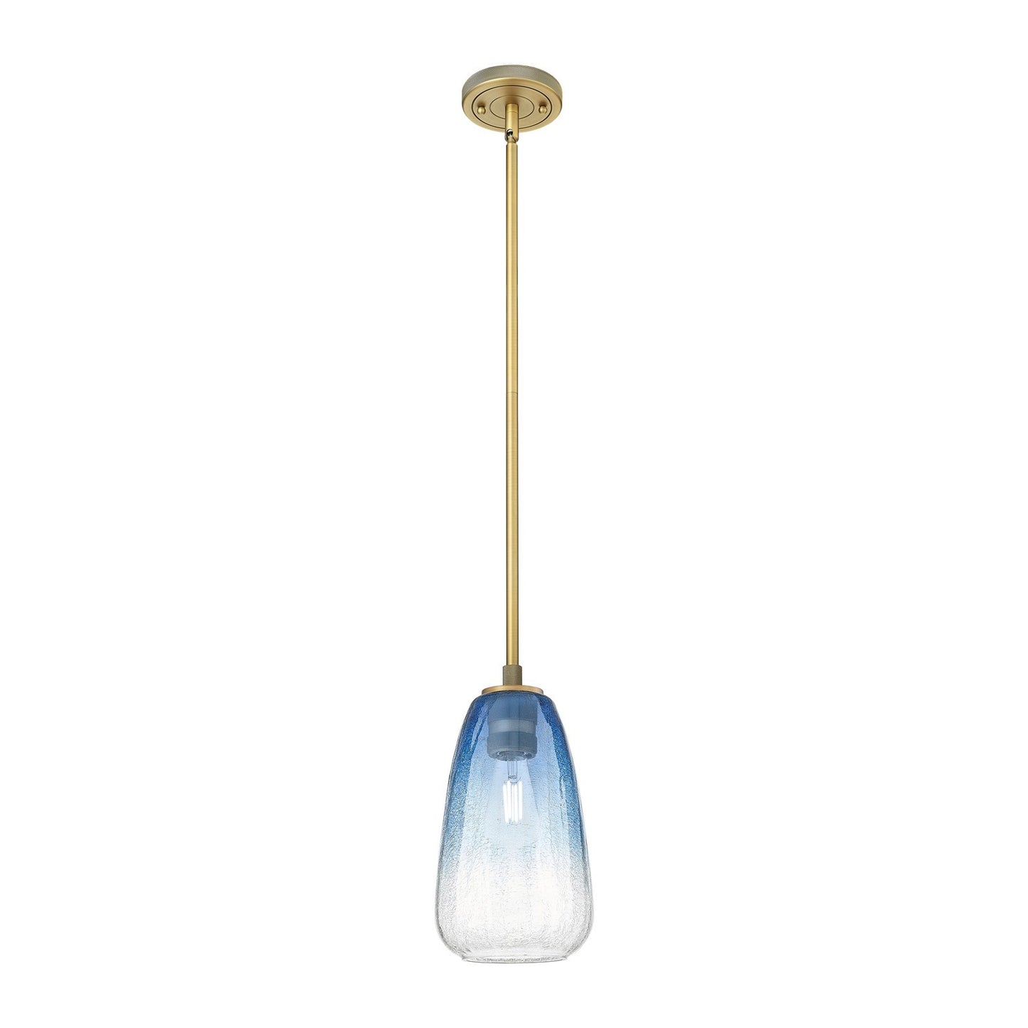 Innovations Brookhaven Almond 6in 1-Light Pendant | Industrial Brushed Brass and Sapphire Blue Glass | Kitchen Island | Model 434-1S-BB-G480-6SB